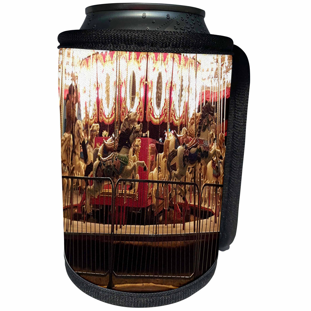 3dRose TDSwhite – Miscellaneous Photography - Bright Lights Carousel Merry Go Round Hobby Horses - Can Cooler Bottle Wrap (cc_285328)
