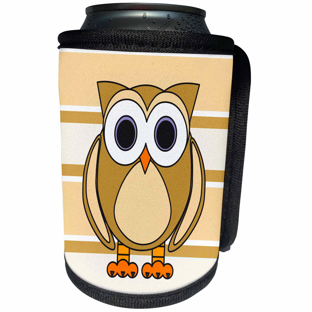 3dRose Janna Salak Designs Woodland Creatures - Cute Owl Cream Taupe Stripe - Can Cooler Bottle Wrap (cc_28533)
