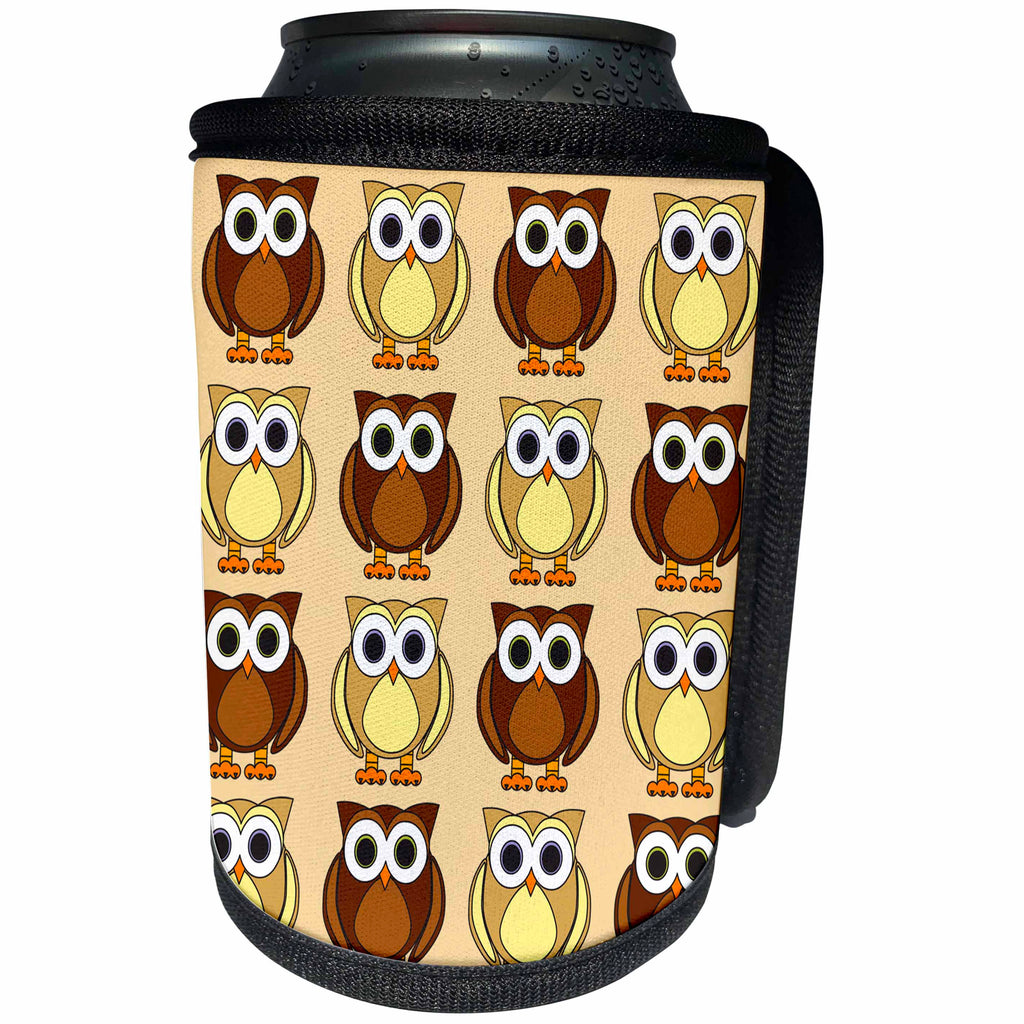 3dRose Janna Salak Designs Woodland Creatures - Cute Brown Owl Print Taupe - Can Cooler Bottle Wrap (cc_28535)