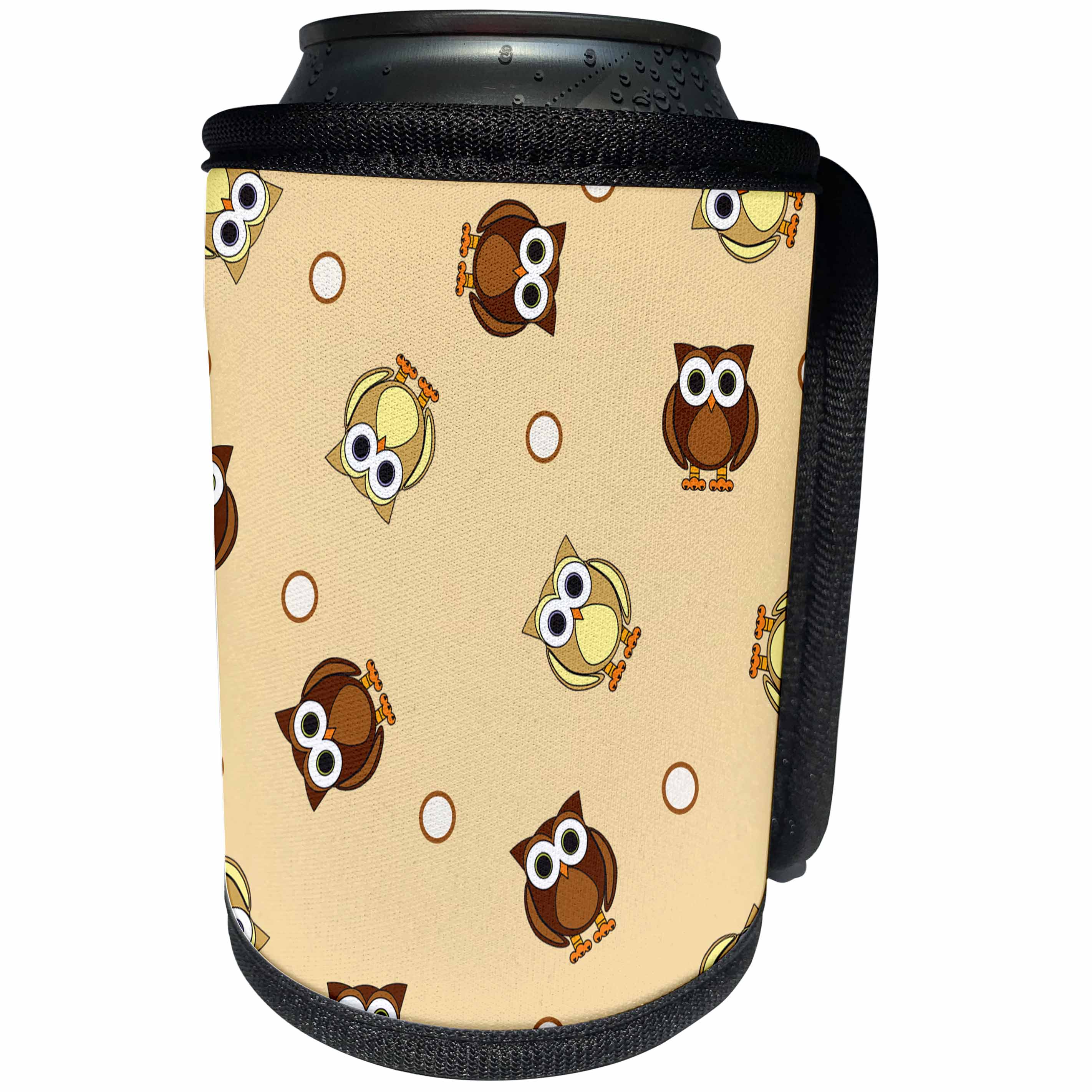 3dRose Janna Salak Designs Woodland Creatures - Cute Brown Owl and Dot Print Taupe - Can Cooler Bottle Wrap (cc_28536)