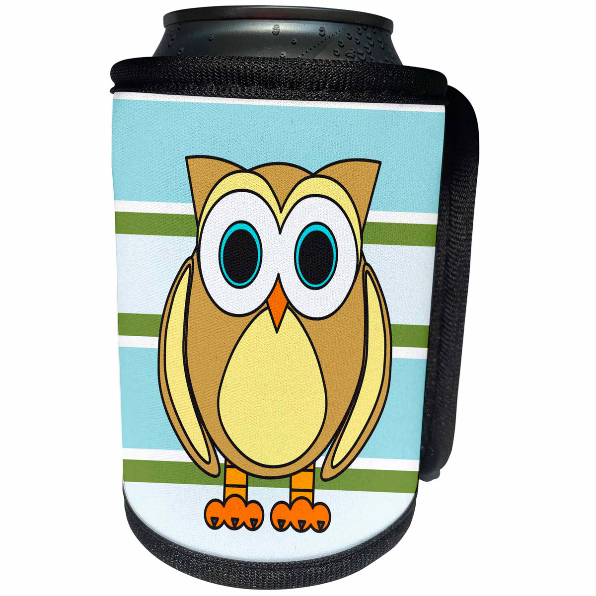 3dRose Janna Salak Designs Woodland Creatures - Cute Owl Blue Green Stripe - Can Cooler Bottle Wrap (cc_28538)