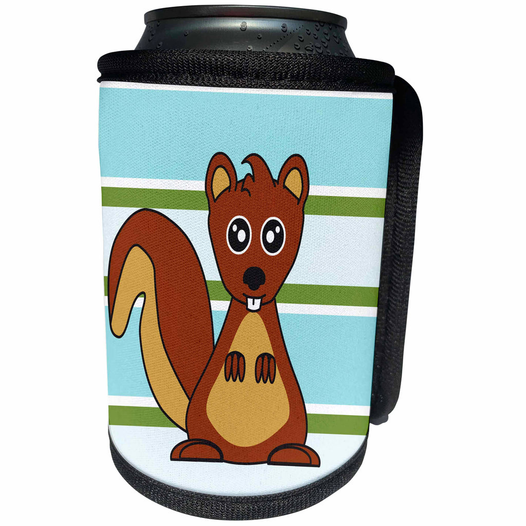 3dRose Janna Salak Designs Woodland Creatures - Cute Brown Squirrel Print Blue Green Stripe - Can Cooler Bottle Wrap (cc_28539)