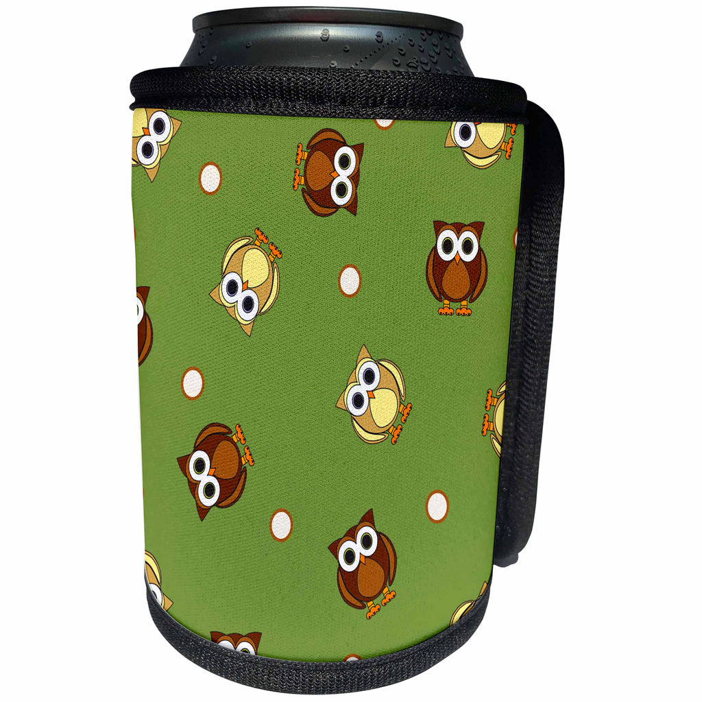 3dRose Janna Salak Designs Woodland Creatures - Cute Brown Owl and Dot Print Green - Can Cooler Bottle Wrap (cc_28540)