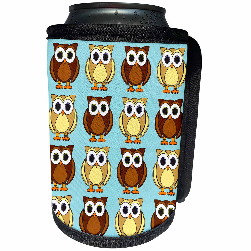3dRose Janna Salak Designs Woodland Creatures - Cute Brown Owl Print Blue - Can Cooler Bottle Wrap (cc_28542)