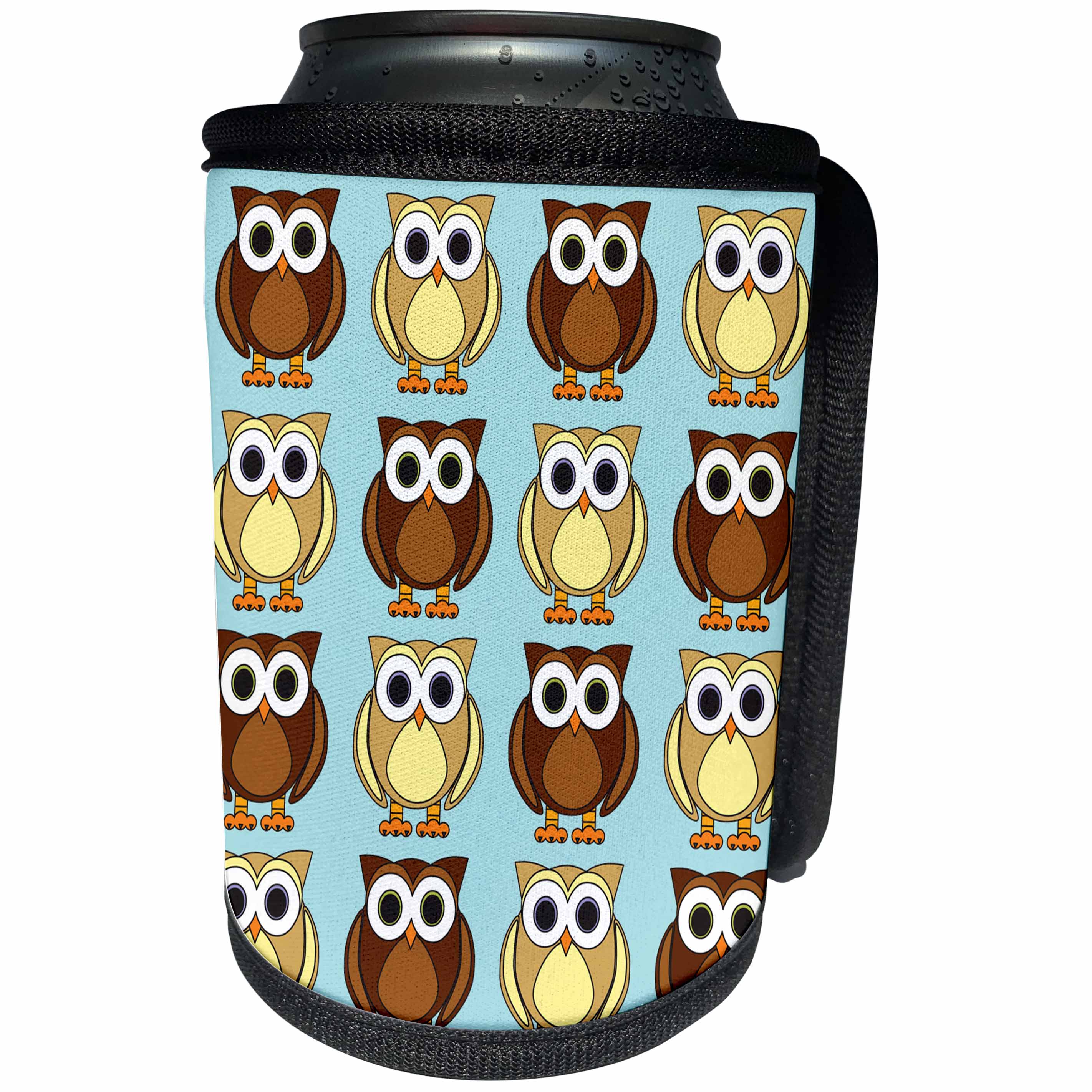 3dRose Janna Salak Designs Woodland Creatures - Cute Brown Owl Print Blue - Can Cooler Bottle Wrap (cc_28542)