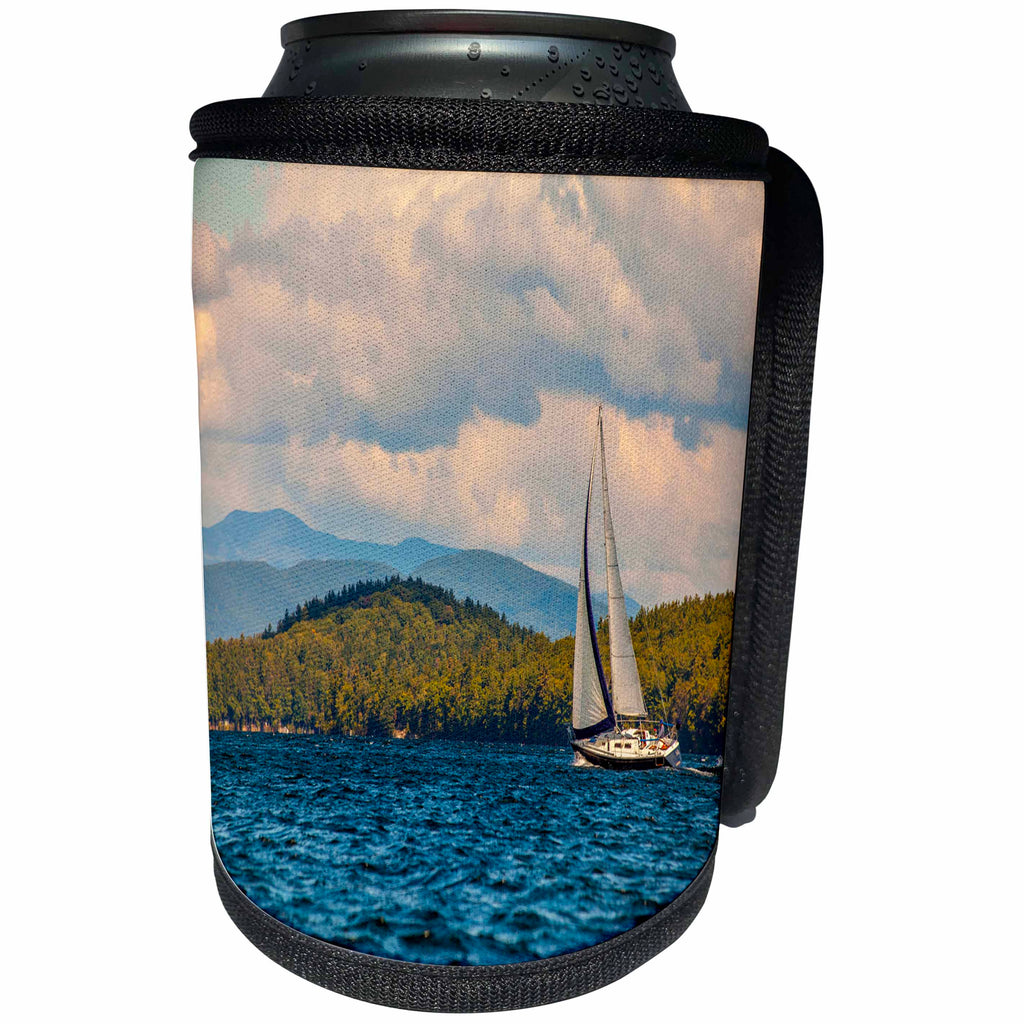 3dRose TDSwhite – Miscellaneous Photography - Sailboat Lake Blue Water Mountains - Can Cooler Bottle Wrap (cc_285436)
