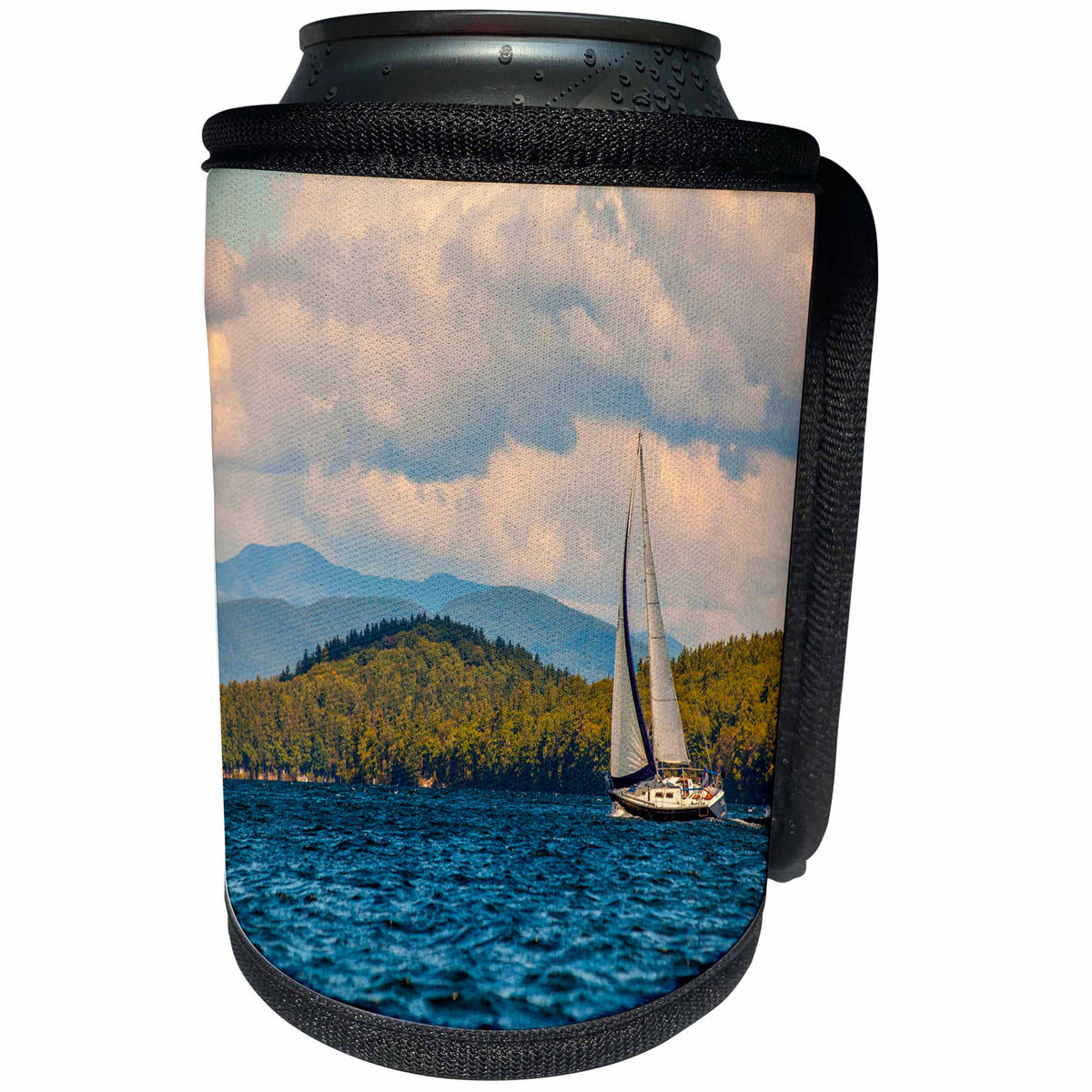 3dRose TDSwhite – Miscellaneous Photography - Sailboat Lake Blue Water Mountains - Can Cooler Bottle Wrap (cc_285436)