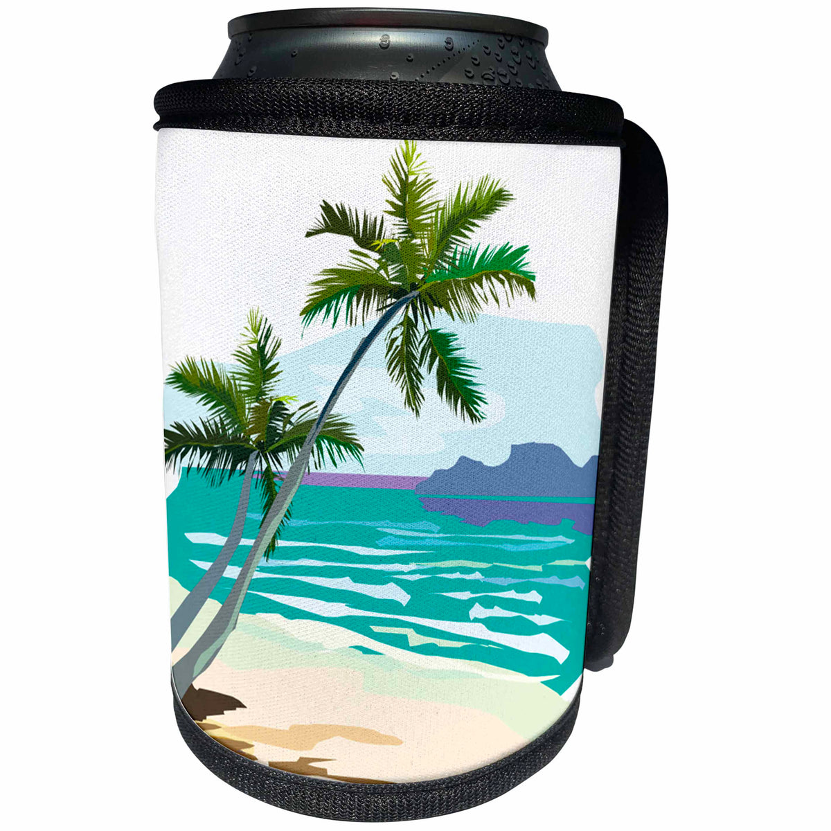 3dRose TDSwhite – Summer Beach Theme - Tropics Scene Palm Tree Water - Can Cooler Bottle Wrap (cc_285734)