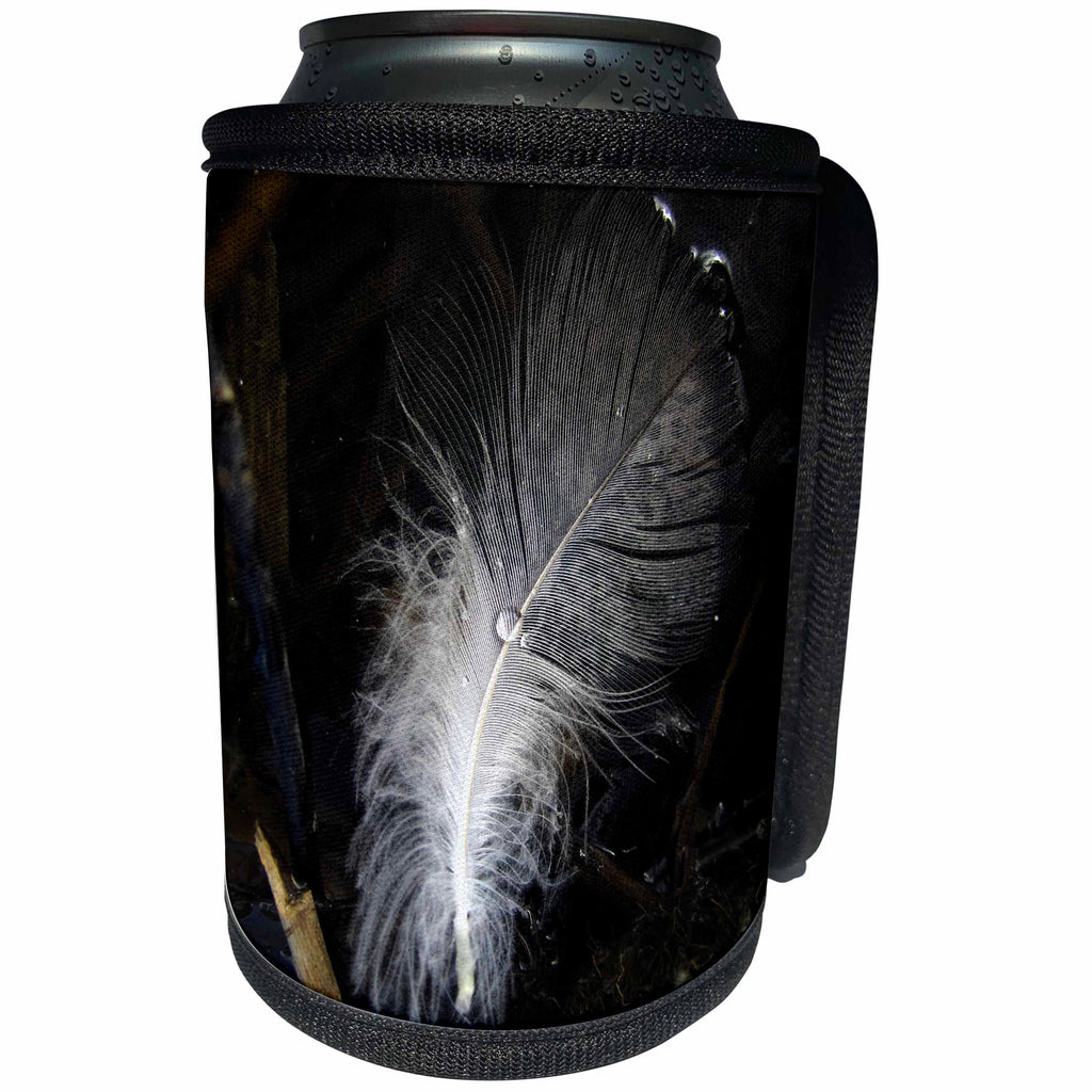 3dRose Krista Funk Creations Feather in the Mud - Feather in the Mud With Dew Drop Sitting On Top - Can Cooler Bottle Wrap (cc_28574)