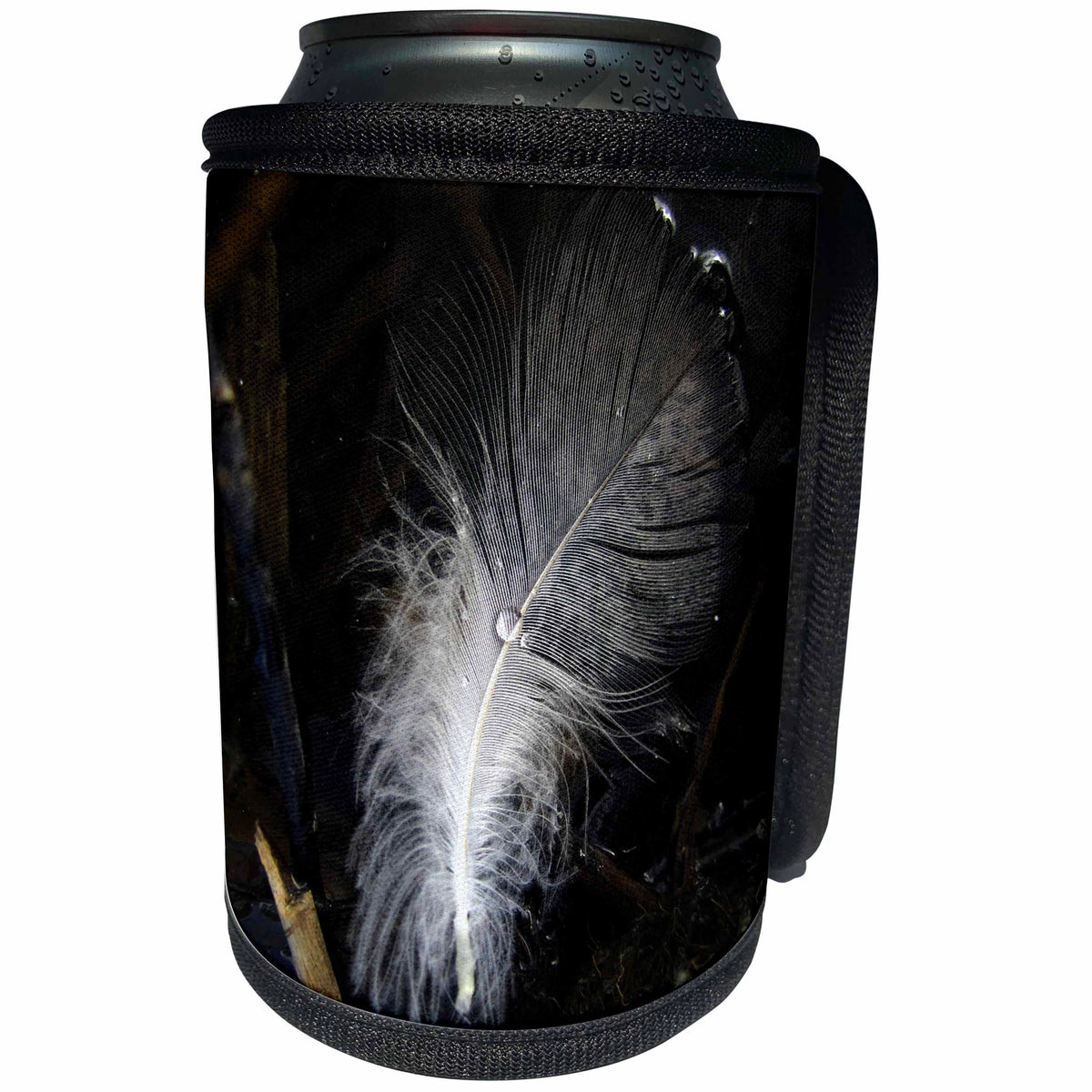 3dRose Krista Funk Creations Feather in the Mud - Feather in the Mud With Dew Drop Sitting On Top - Can Cooler Bottle Wrap (cc_28574)
