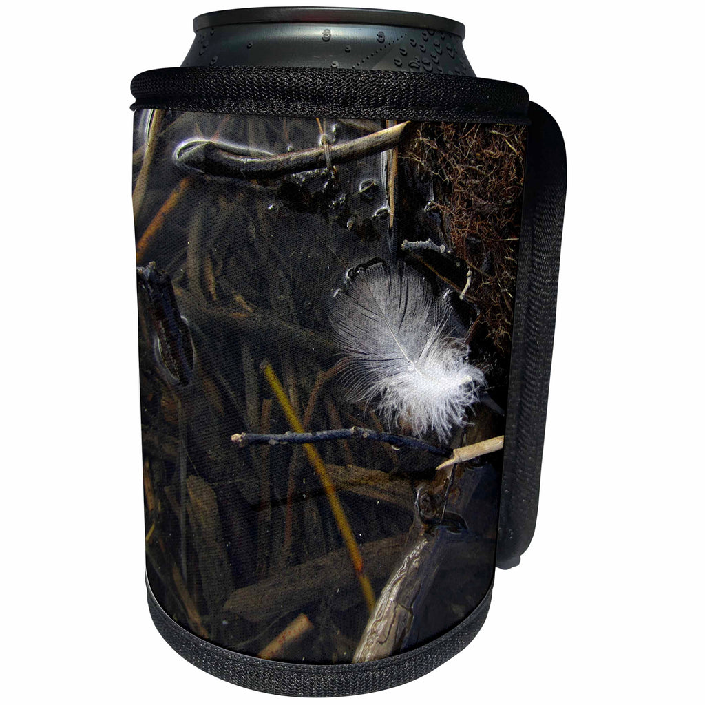 3dRose Krista Funk Creations Feather in the Mud - Feather Caught up in Sticks in Lapie River - Can Cooler Bottle Wrap (cc_28576)