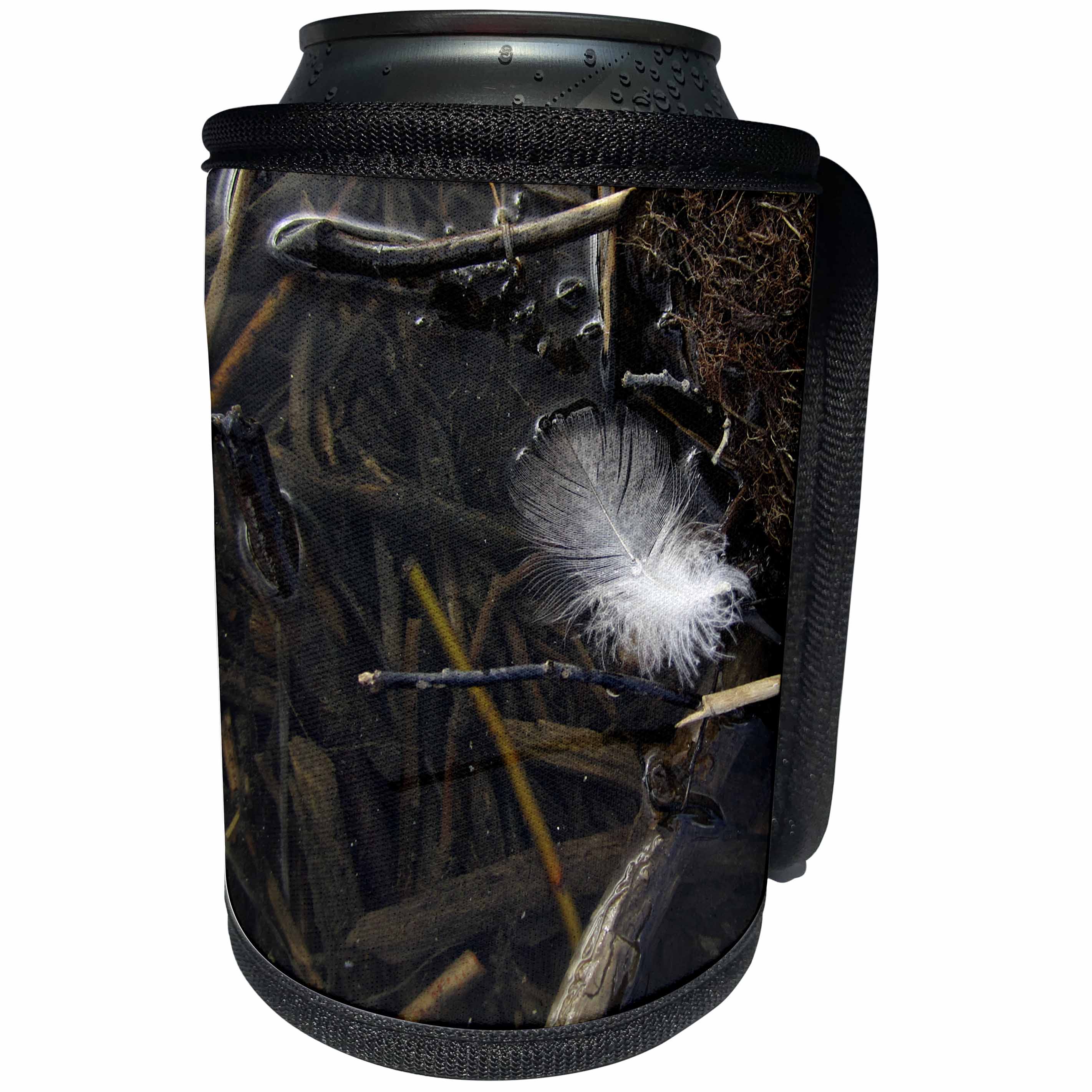 3dRose Krista Funk Creations Feather in the Mud - Feather Caught up in Sticks in Lapie River - Can Cooler Bottle Wrap (cc_28576)