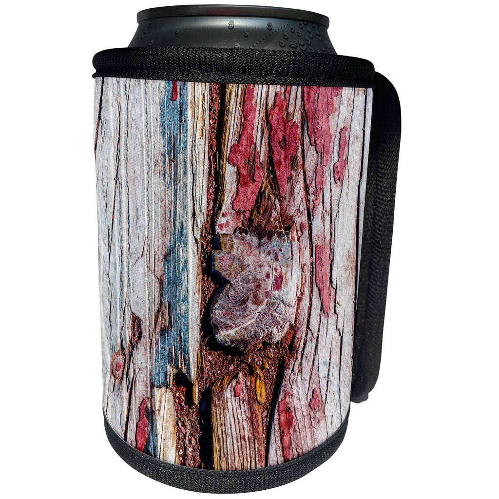 3dRose Alexis Photography - Texture Wood - Image of damaged, grunge wooden planks, large knot, red, blue paint - Can Cooler Bottle Wrap (cc_285787)