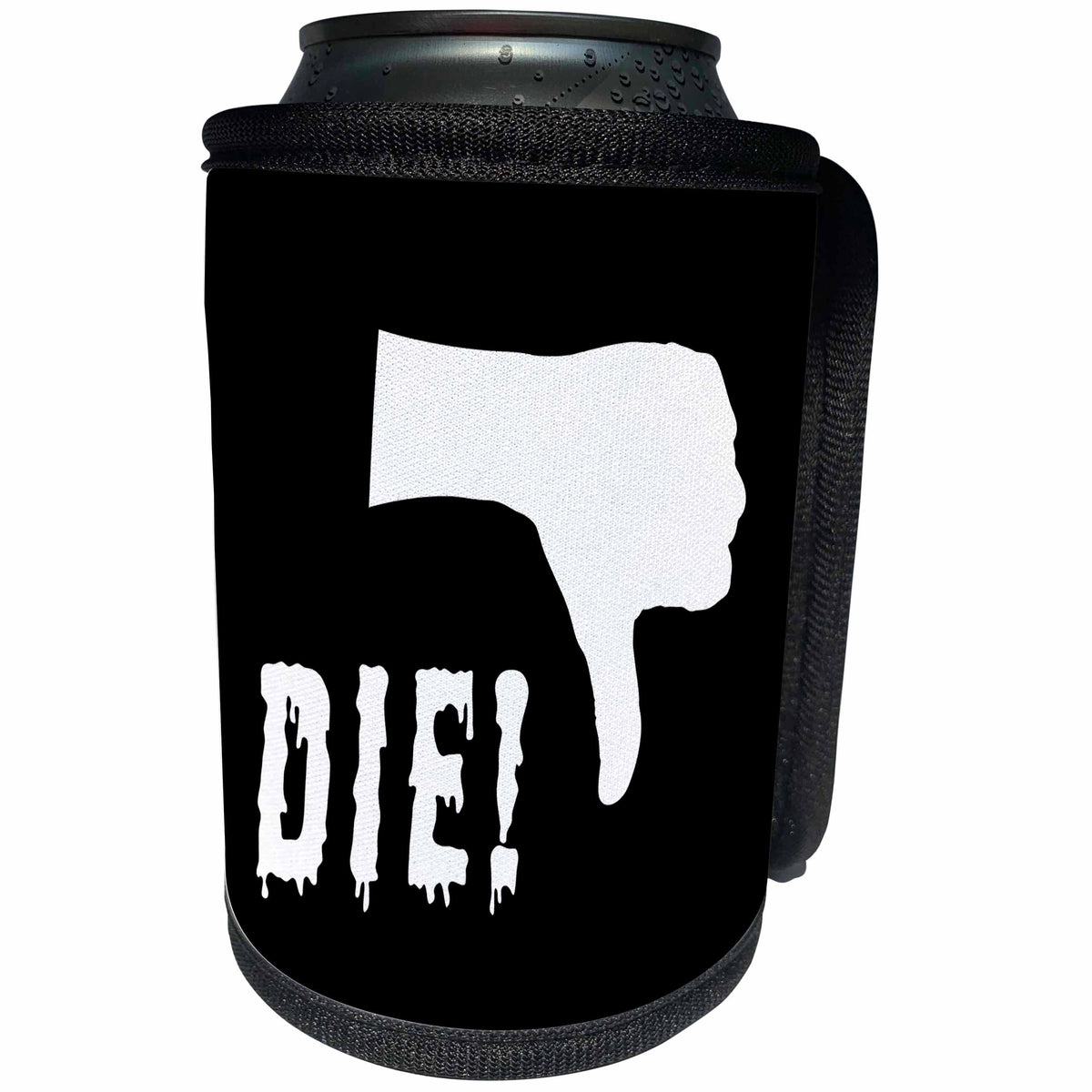 3dRose Alexis Design - Funny - Human hand, thumb down, stylized text DIE on black background - Can Cooler Bottle Wrap (cc_285793)