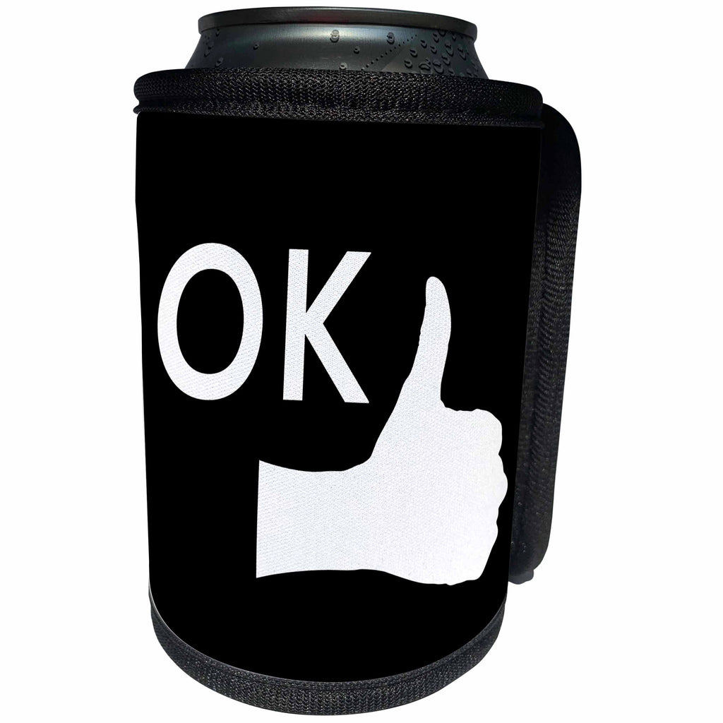 3dRose Alexis Design - Funny - Human hand, thumb up, stylized text OK over the hand on black - Can Cooler Bottle Wrap (cc_285795)