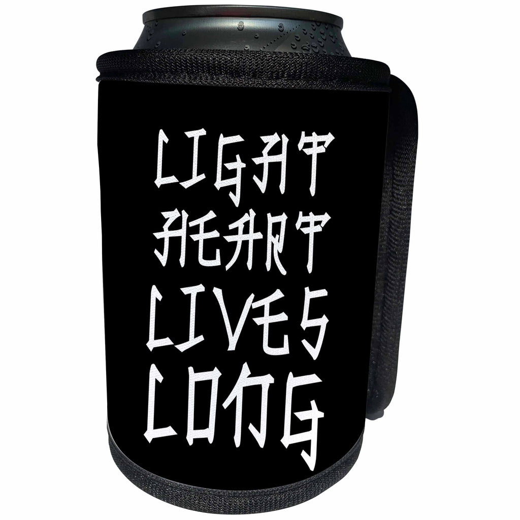 3dRose Alexis Design - Positive - Chinese proverb Light Heart Lives Long. White stylized text on black - Can Cooler Bottle Wrap (cc_285803)