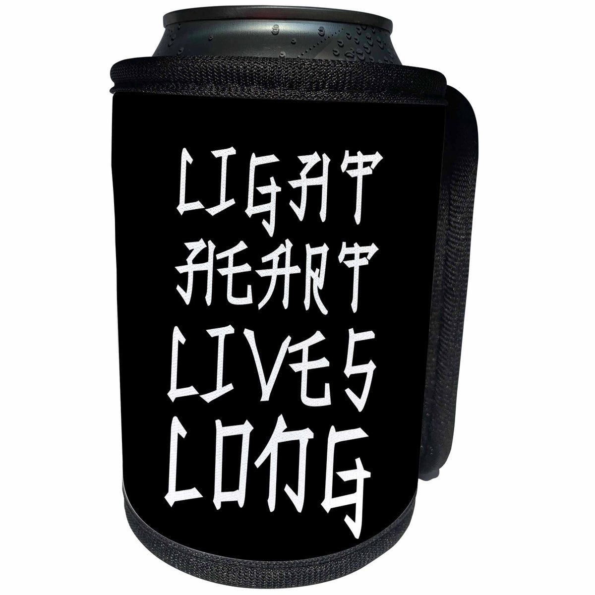 3dRose Alexis Design - Positive - Chinese proverb Light Heart Lives Long. White stylized text on black - Can Cooler Bottle Wrap (cc_285803)