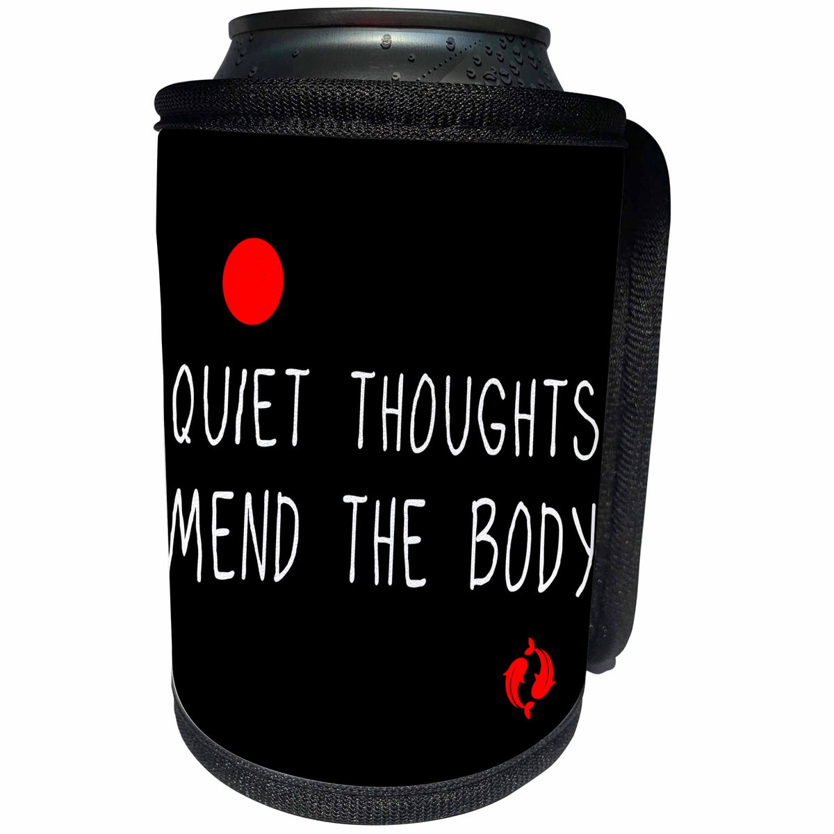 3dRose Alexis Design - Positive - Red sun, two goldfish, text Quiet thoughts mend the body on black - Can Cooler Bottle Wrap (cc_285811)