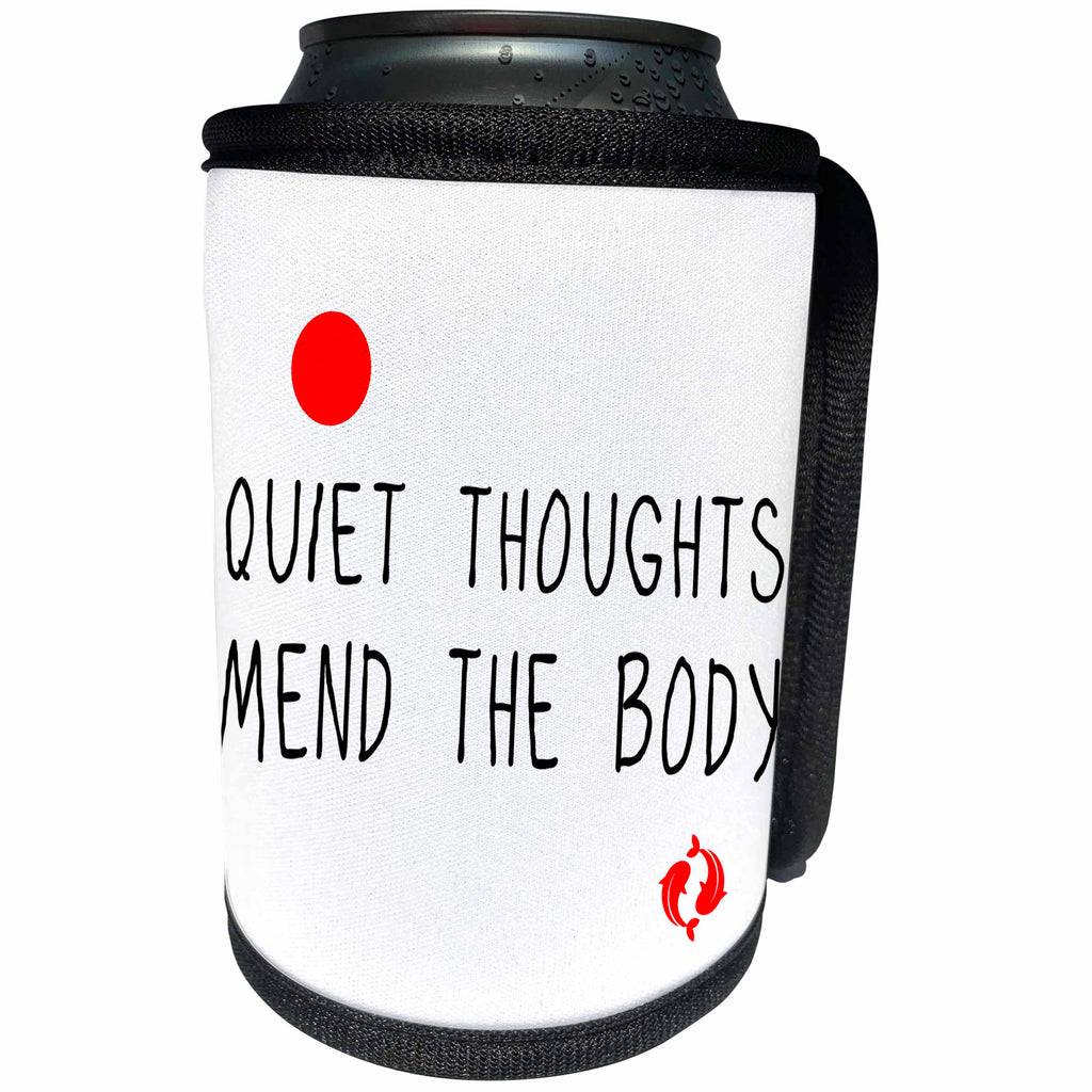 3dRose Alexis Design - Positive - Red sun, two goldfish, text Quiet thoughts mend the body on white - Can Cooler Bottle Wrap (cc_285812)