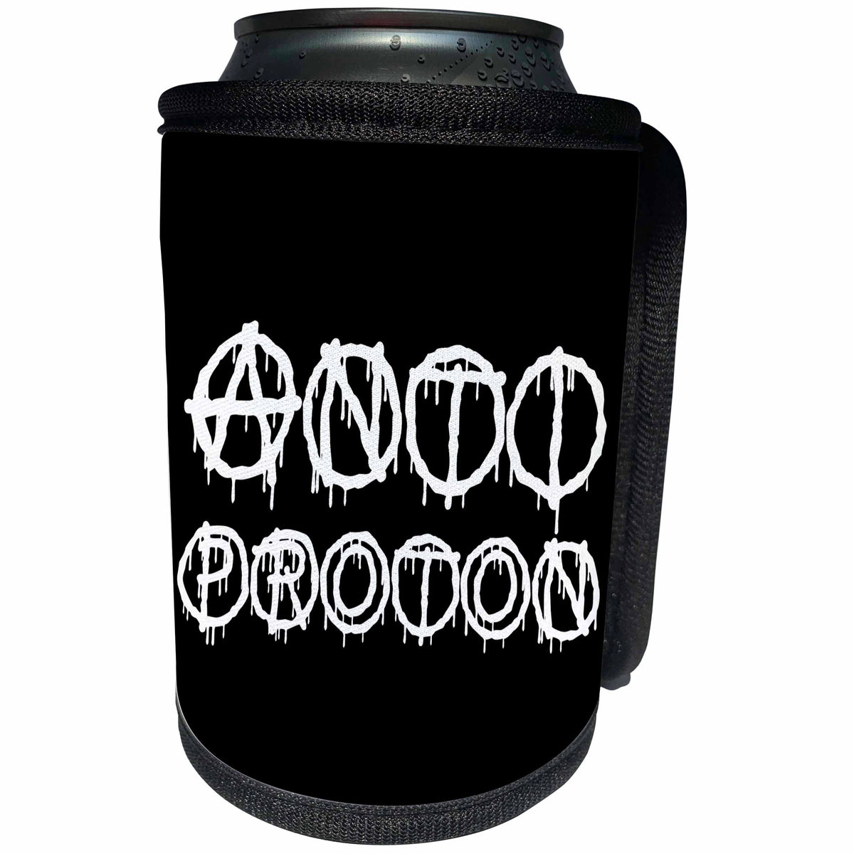 3dRose Alexis Design - Total Protest - Funny decorative total protest text ANTIPROTON in two rows on black - Can Cooler Bottle Wrap (cc_286012)