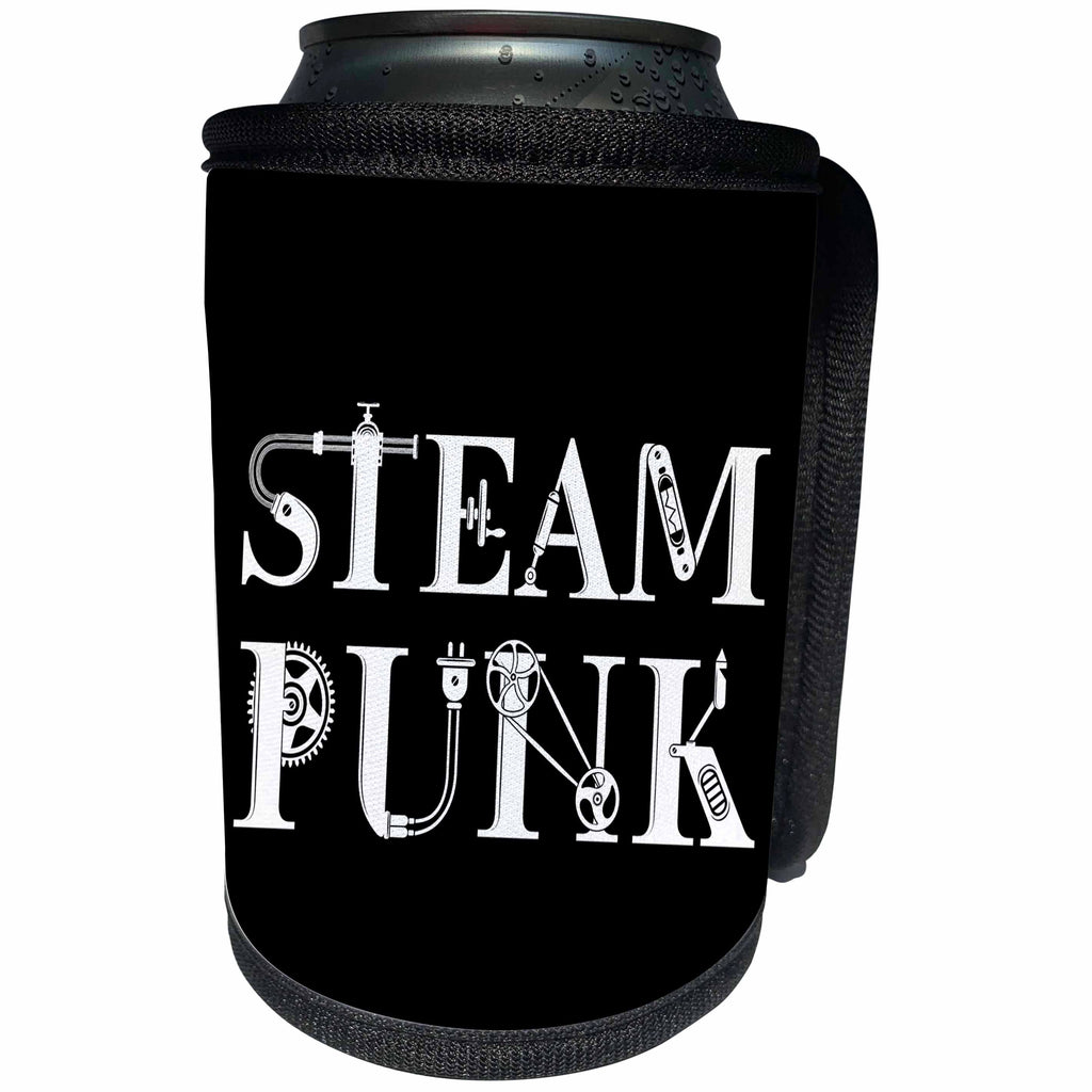 3dRose Alexis Design - Steampunk - Steampunk decorative, unique text in two lines on black background - Can Cooler Bottle Wrap (cc_286020)