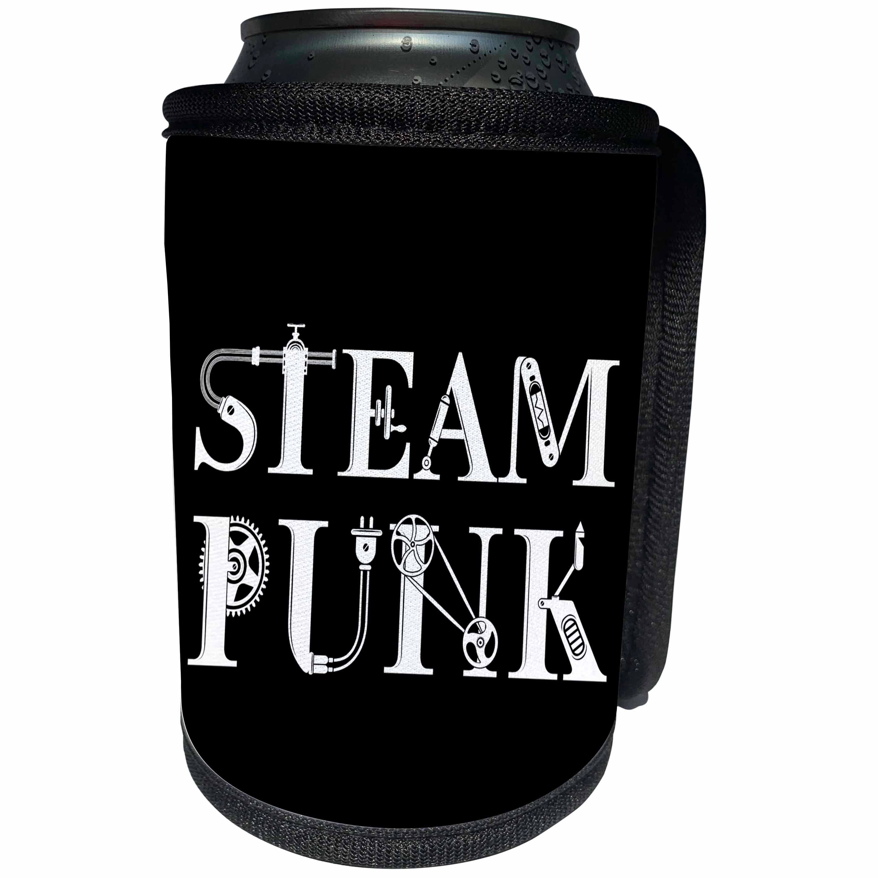 3dRose Alexis Design - Steampunk - Steampunk decorative, unique text in two lines on black background - Can Cooler Bottle Wrap (cc_286020)
