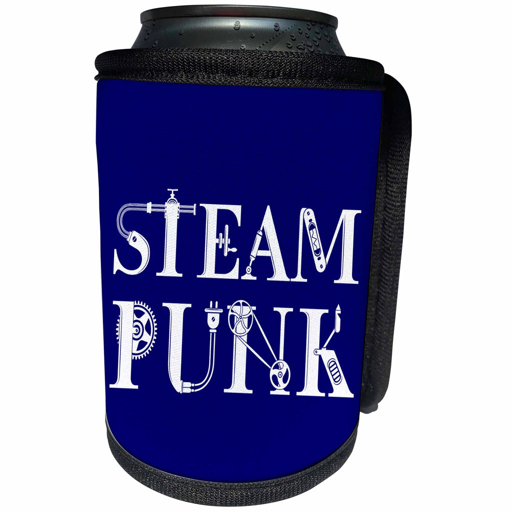 3dRose Alexis Design - Steampunk - Steampunk decorative, unique text in two lines on blue background - Can Cooler Bottle Wrap (cc_286021)
