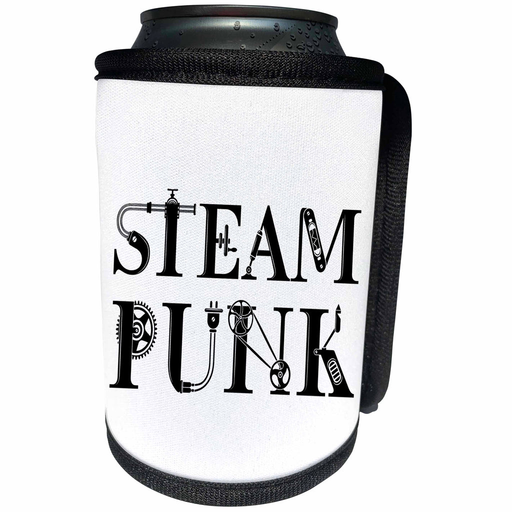 3dRose Alexis Design - Steampunk - Steampunk decorative, unique text in two lines on white background - Can Cooler Bottle Wrap (cc_286022)