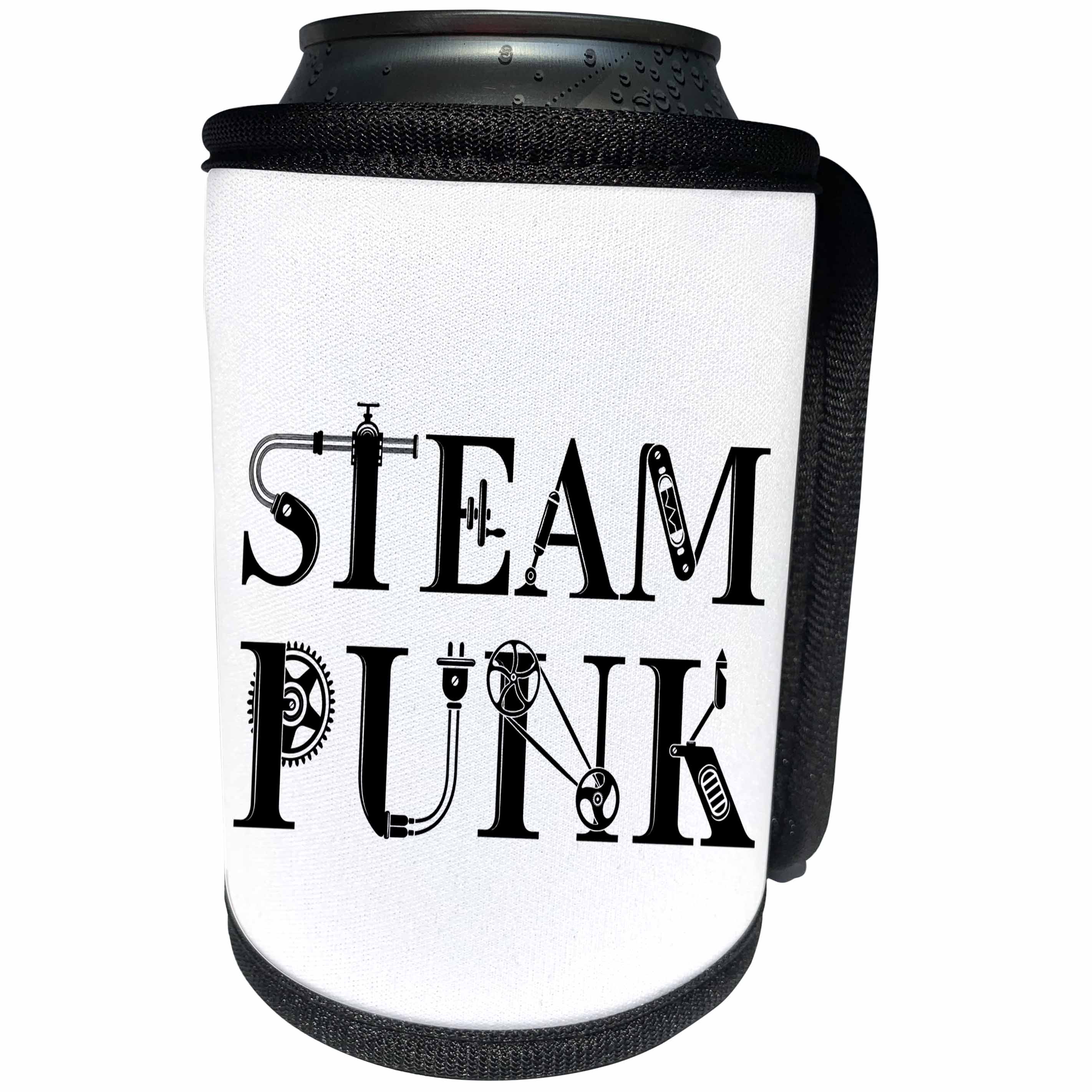 3dRose Alexis Design - Steampunk - Steampunk decorative, unique text in two lines on white background - Can Cooler Bottle Wrap (cc_286022)