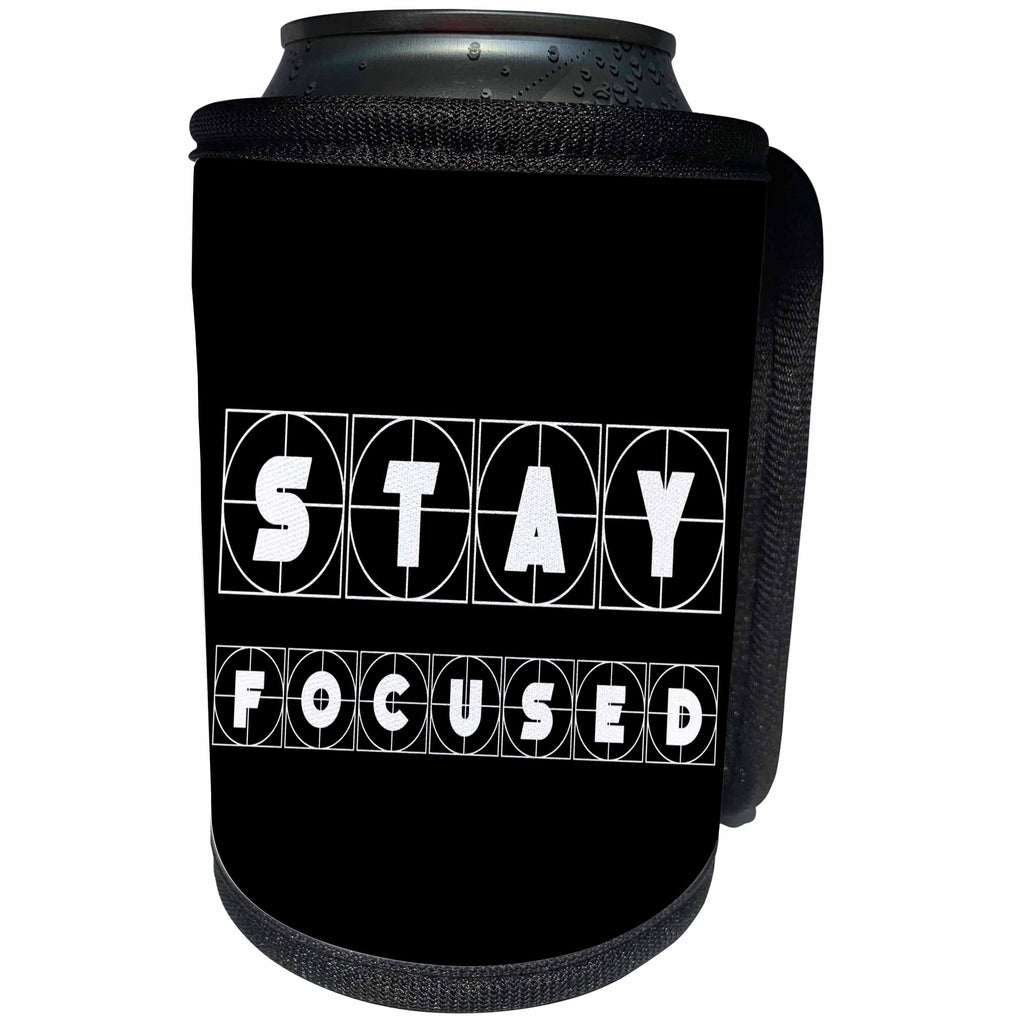 3dRose Alexis Design - Focus - Decorative cross hairs text Stay Focused on black background - Can Cooler Bottle Wrap (cc_286138)