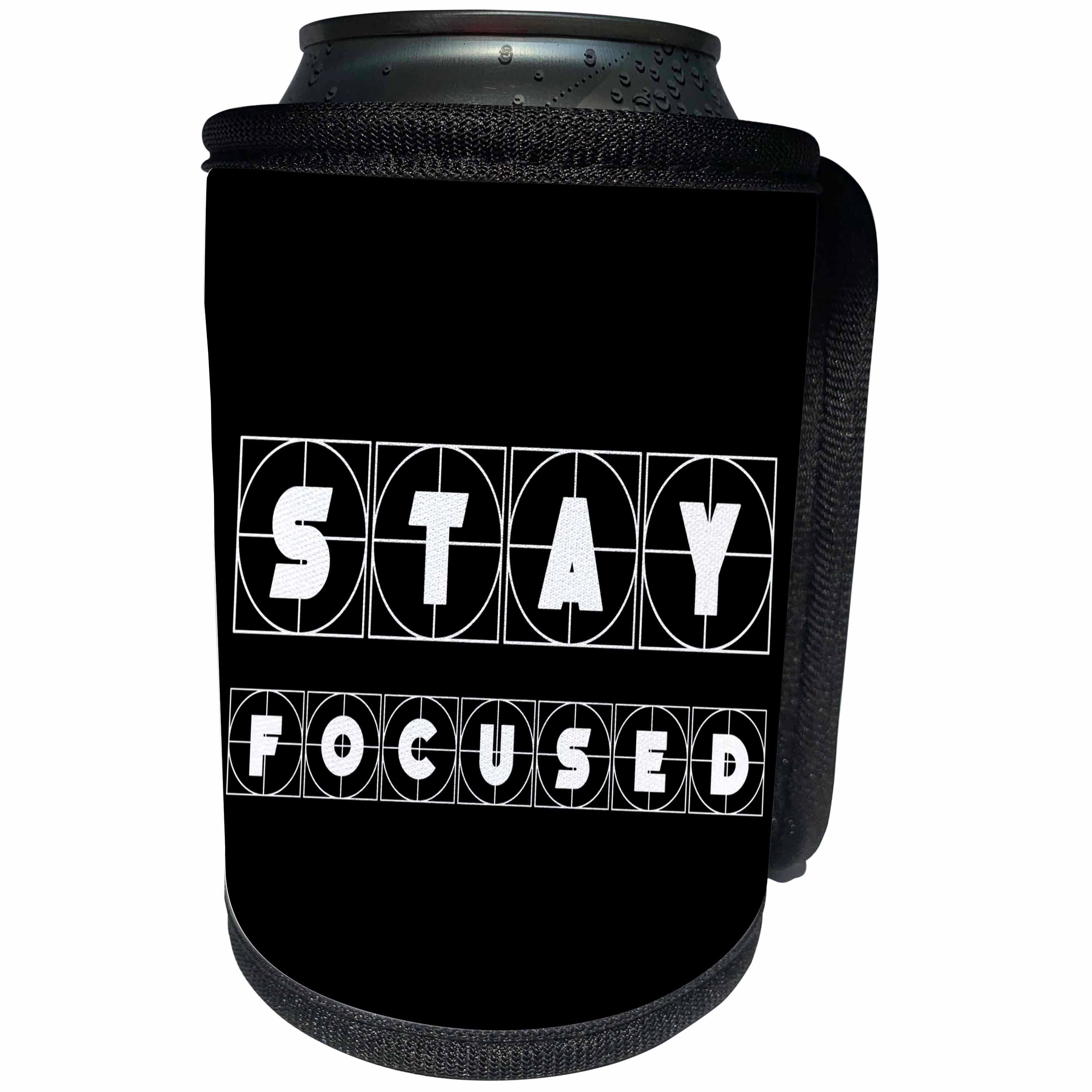 3dRose Alexis Design - Focus - Decorative cross hairs text Stay Focused on black background - Can Cooler Bottle Wrap (cc_286138)