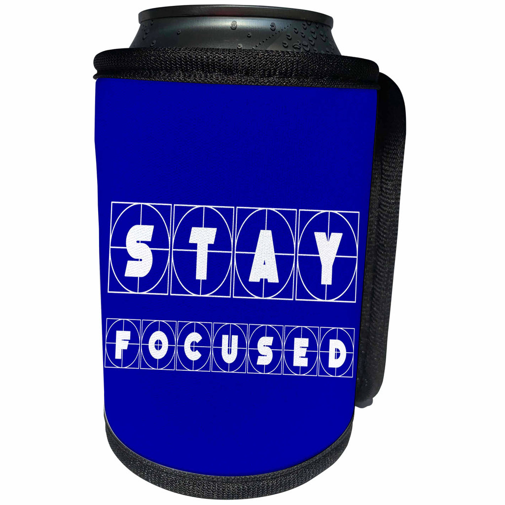 3dRose Alexis Design - Focus - Decorative cross hairs text Stay Focused on blue background - Can Cooler Bottle Wrap (cc_286139)