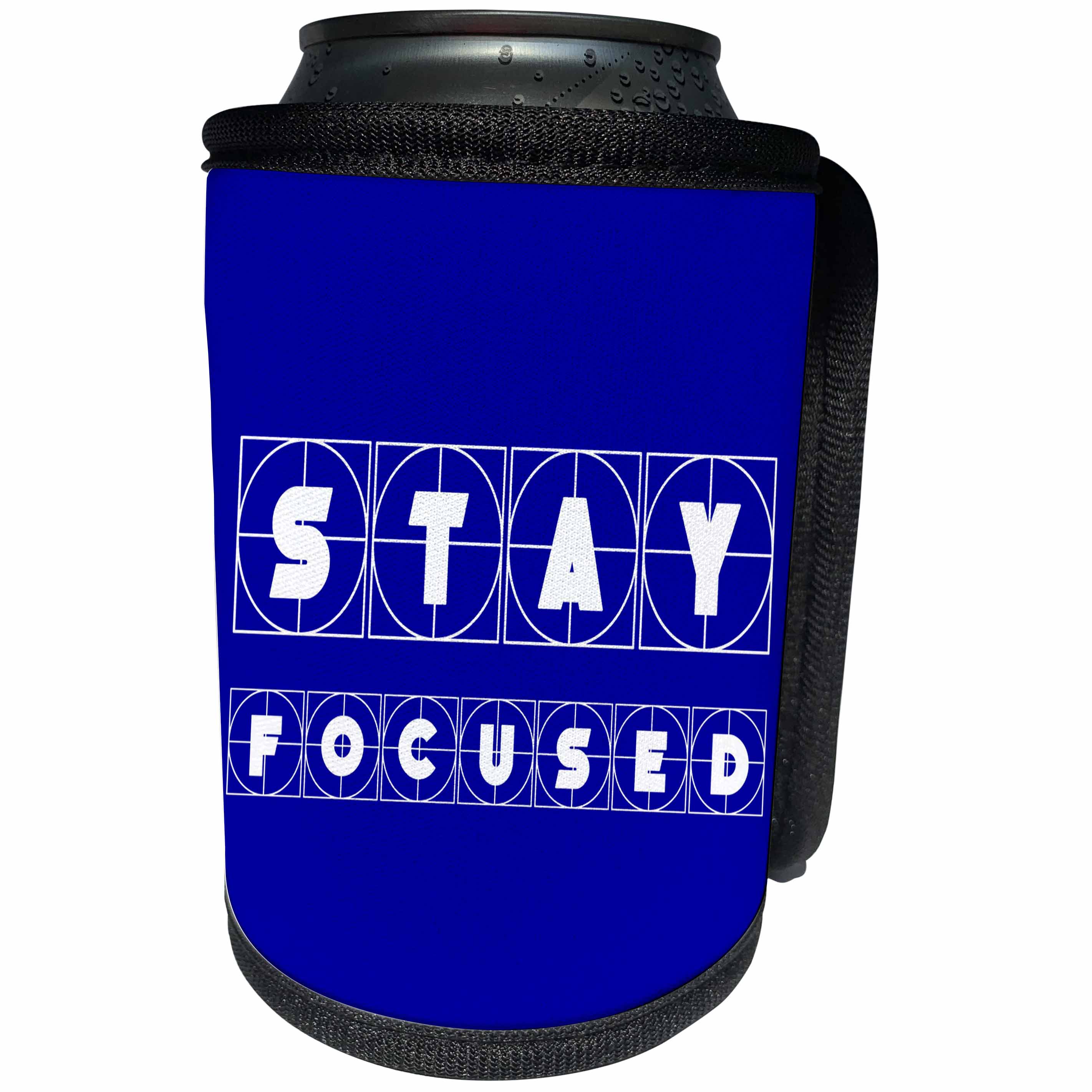 3dRose Alexis Design - Focus - Decorative cross hairs text Stay Focused on blue background - Can Cooler Bottle Wrap (cc_286139)