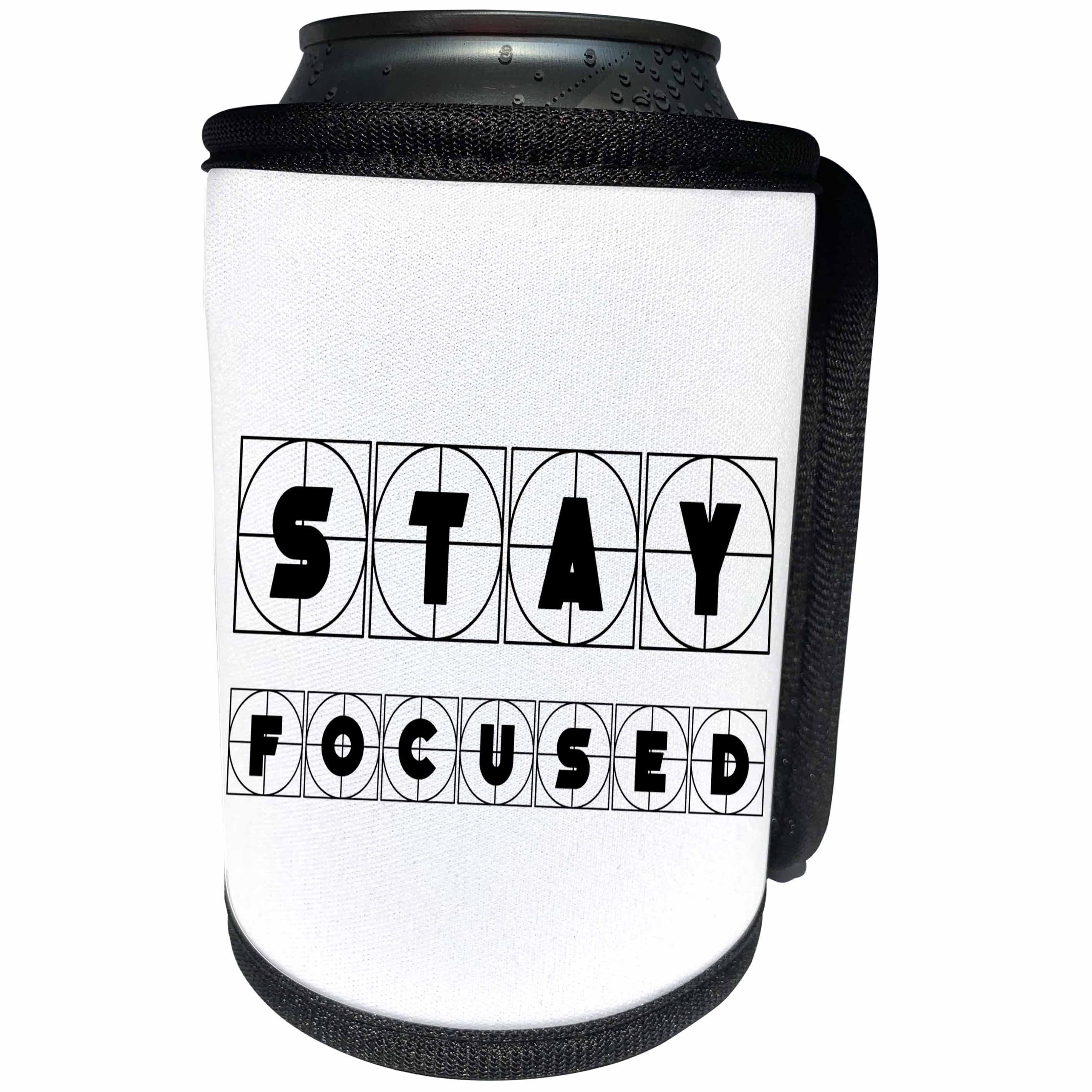 3dRose Alexis Design - Focus - Decorative cross hairs text Stay Focused on white background - Can Cooler Bottle Wrap (cc_286140)
