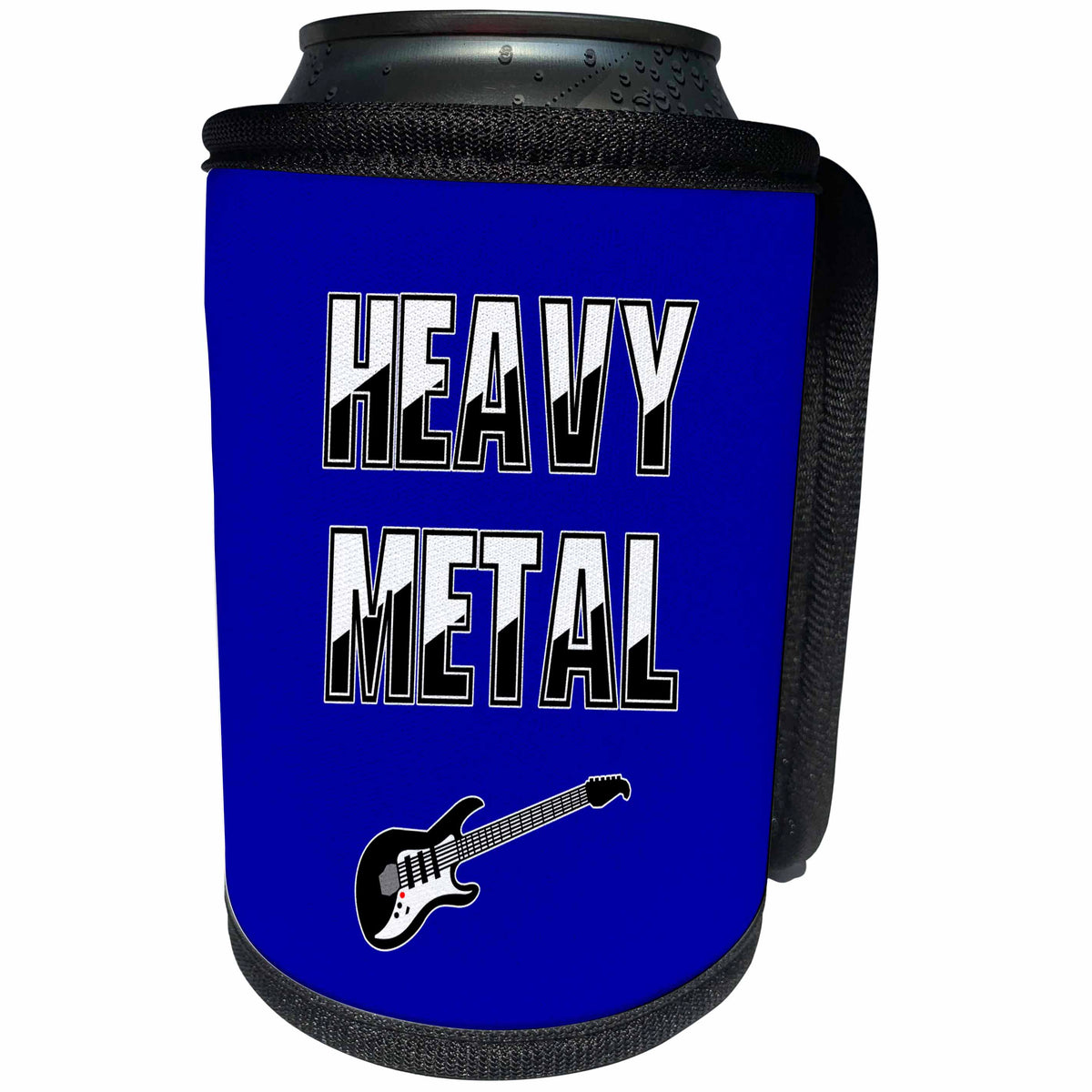 3dRose Alexis Design - Guitar - Heavy Metal decorative text, guitar on blue background - Can Cooler Bottle Wrap (cc_286142)