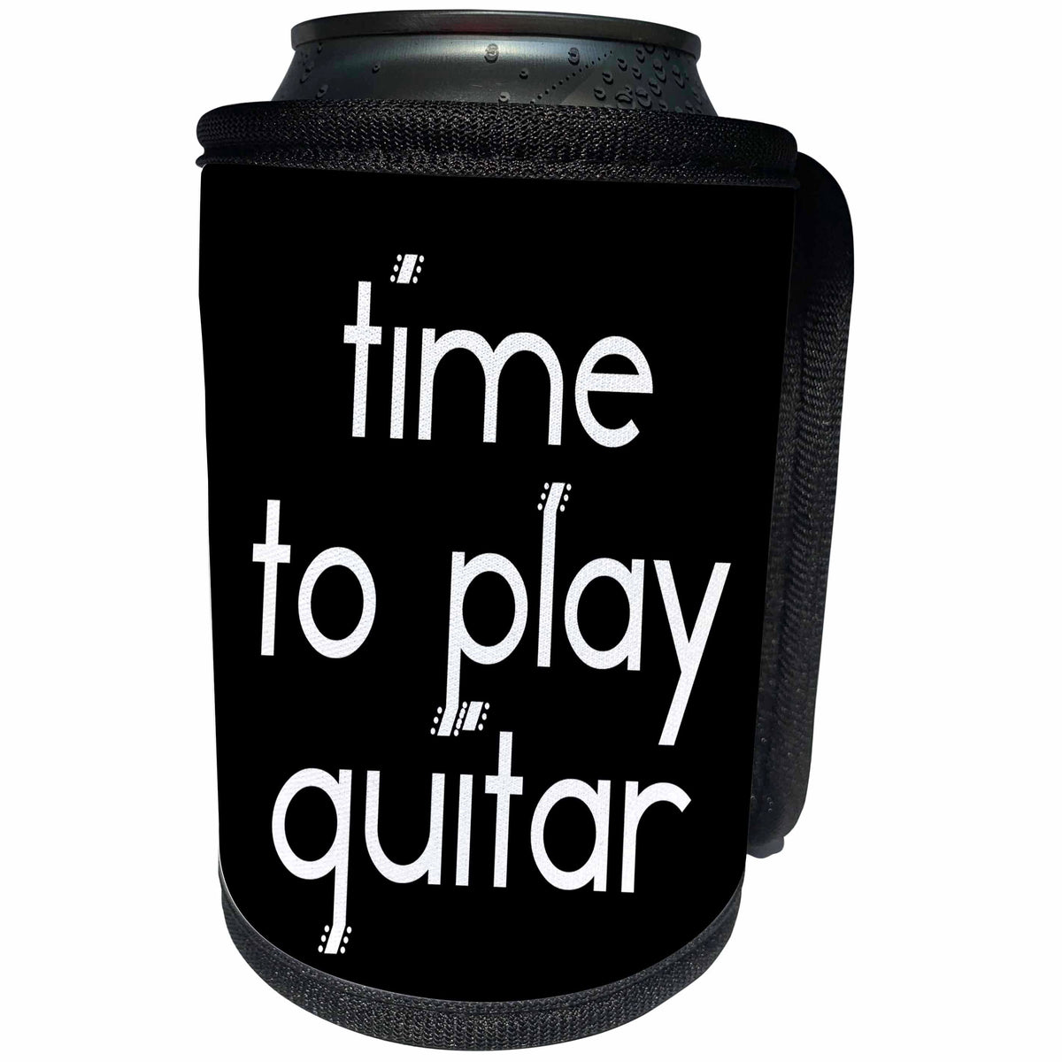 3dRose Alexis Design - Guitar - Time to play guitar decorative text on black background - Can Cooler Bottle Wrap (cc_286145)