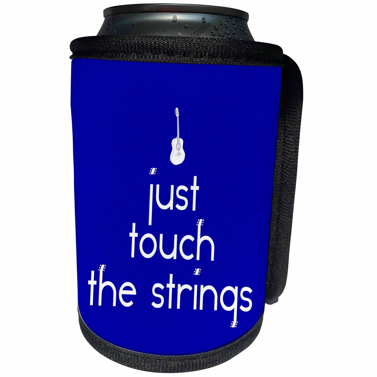 3dRose Alexis Design - Guitar - Just touch the strings decorative text, guitar image on blue - Can Cooler Bottle Wrap (cc_286149)