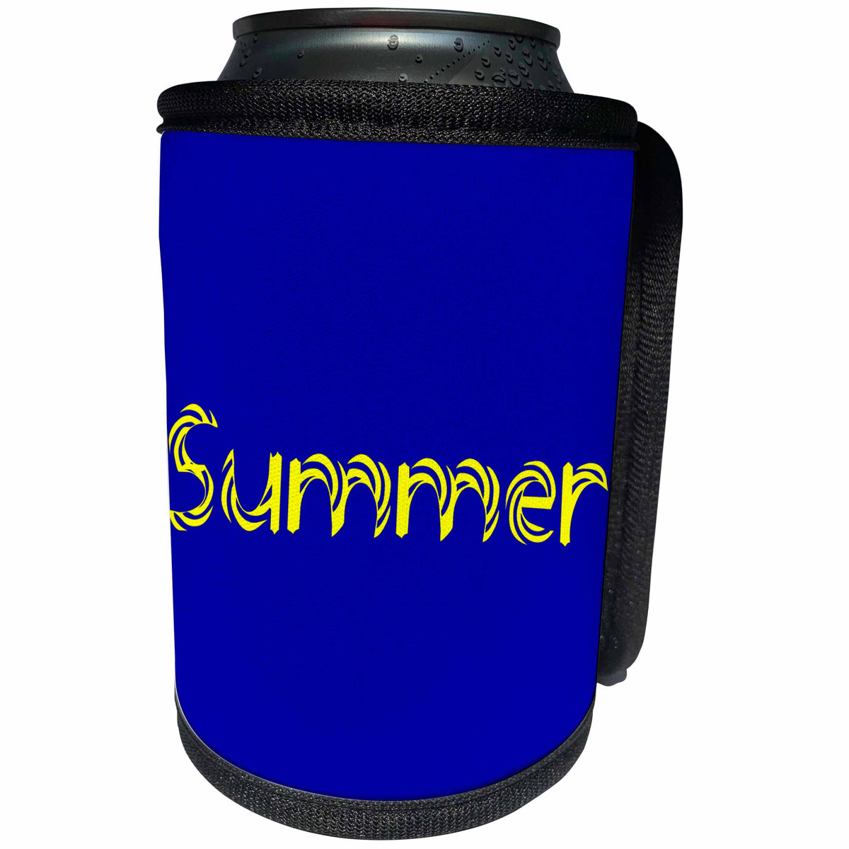 3dRose Alexis Design - Summer - Decorative text Summer, yellow on blue background - Can Cooler Bottle Wrap (cc_286152)