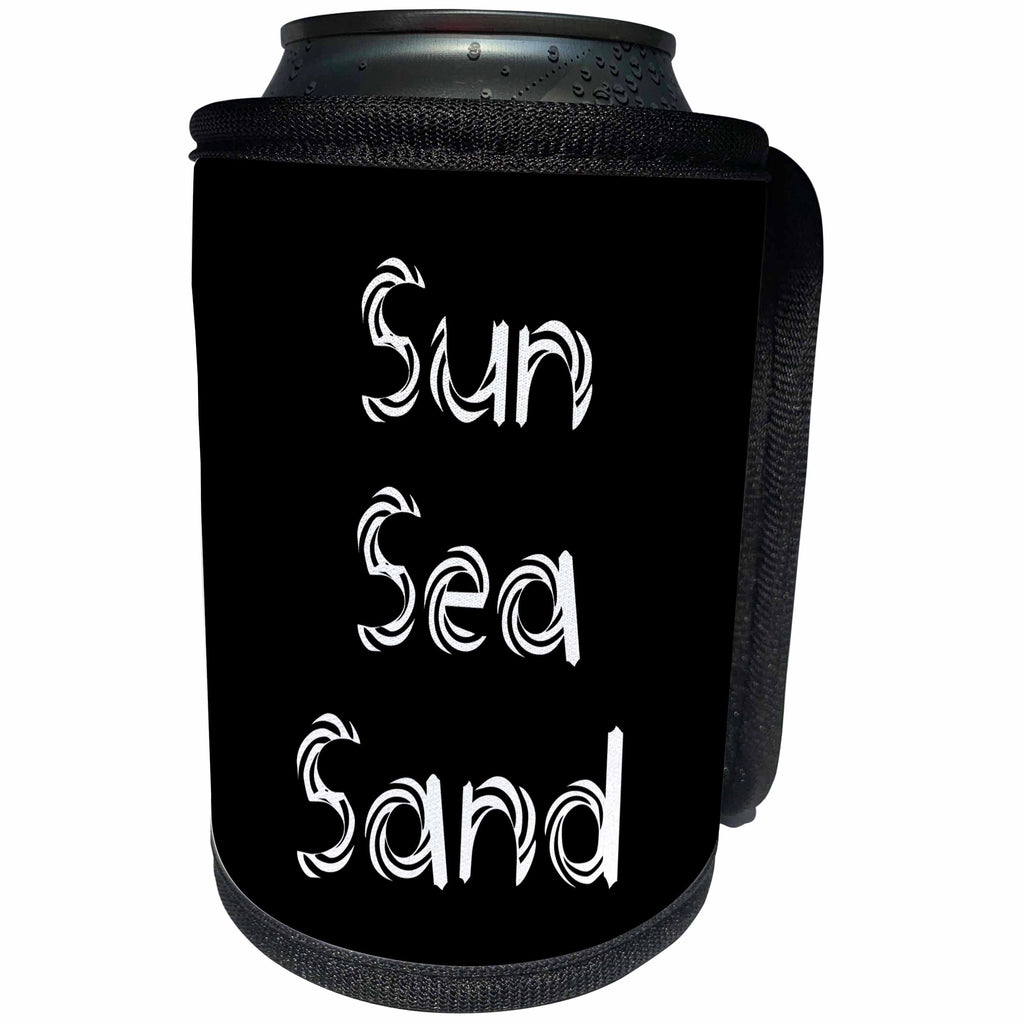 3dRose Alexis Design - Summer - Decorative text Sun, Sea, Sand on black background - Can Cooler Bottle Wrap (cc_286154)