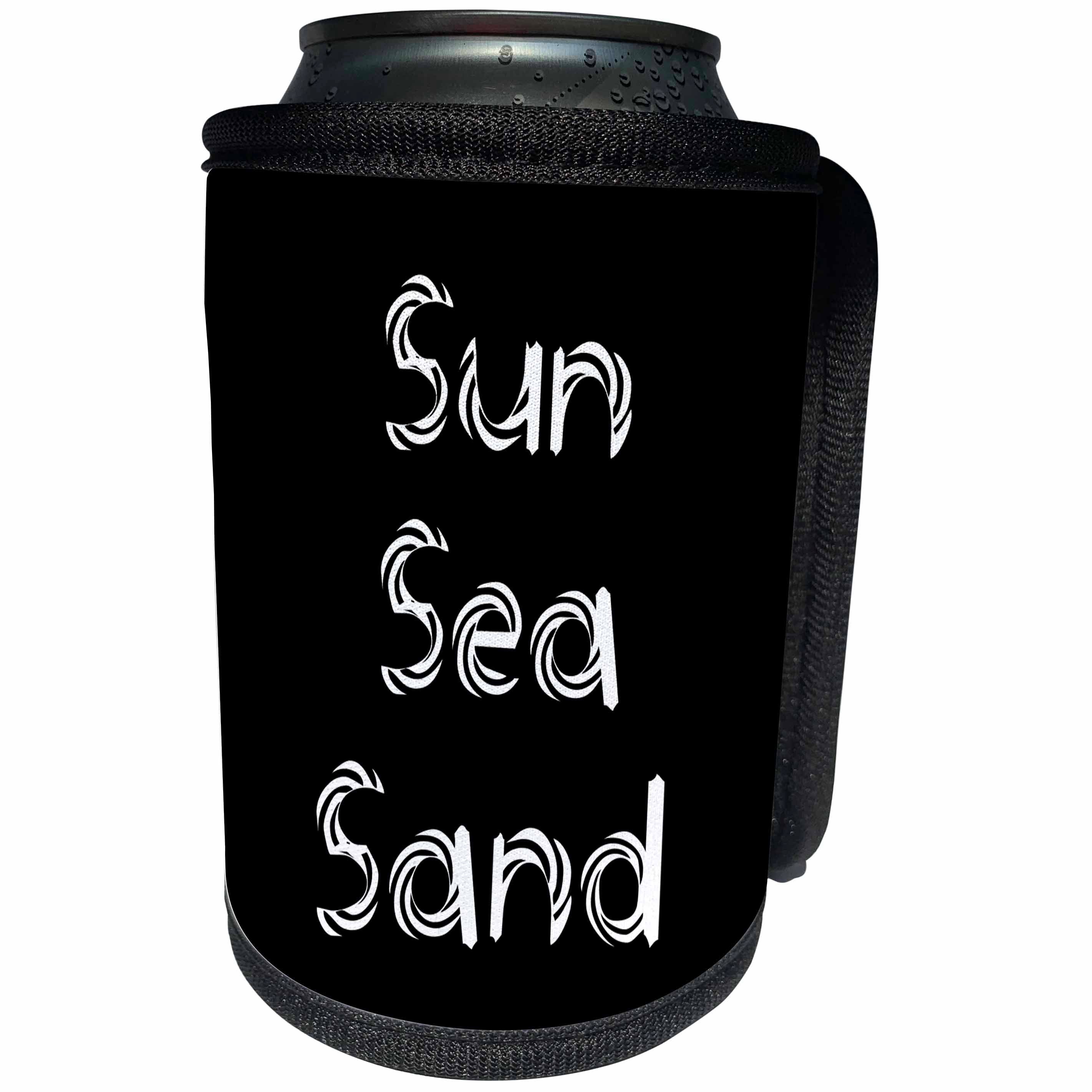 3dRose Alexis Design - Summer - Decorative text Sun, Sea, Sand on black background - Can Cooler Bottle Wrap (cc_286154)