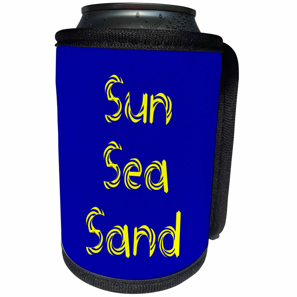 3dRose Alexis Design - Summer - Decorative text Sun, Sea, Sand, yellow on blue background - Can Cooler Bottle Wrap (cc_286155)