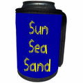 3dRose Alexis Design - Summer - Decorative text Sun, Sea, Sand, yellow on blue background - Can Cooler Bottle Wrap (cc_286155)