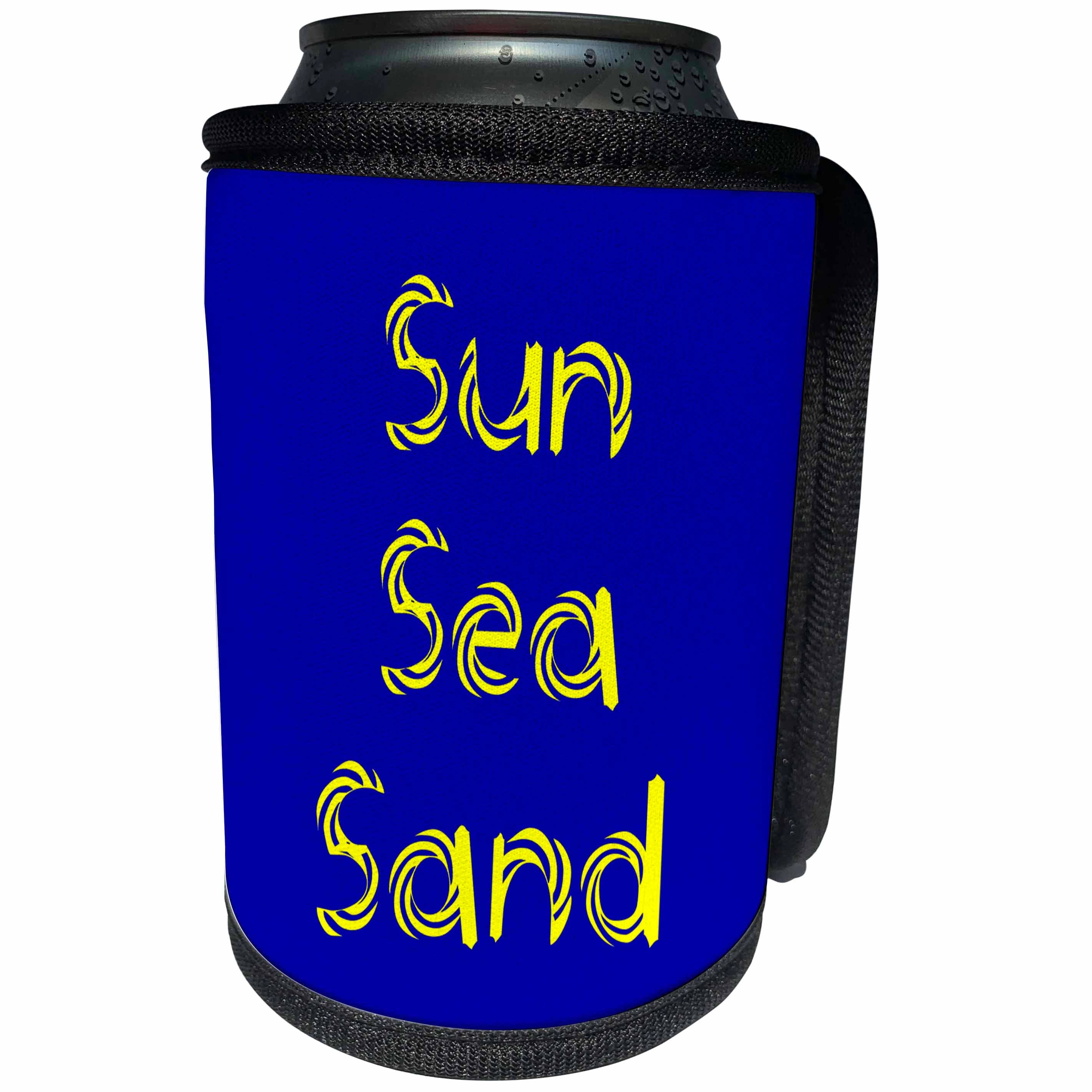 3dRose Alexis Design - Summer - Decorative text Sun, Sea, Sand, yellow on blue background - Can Cooler Bottle Wrap (cc_286155)