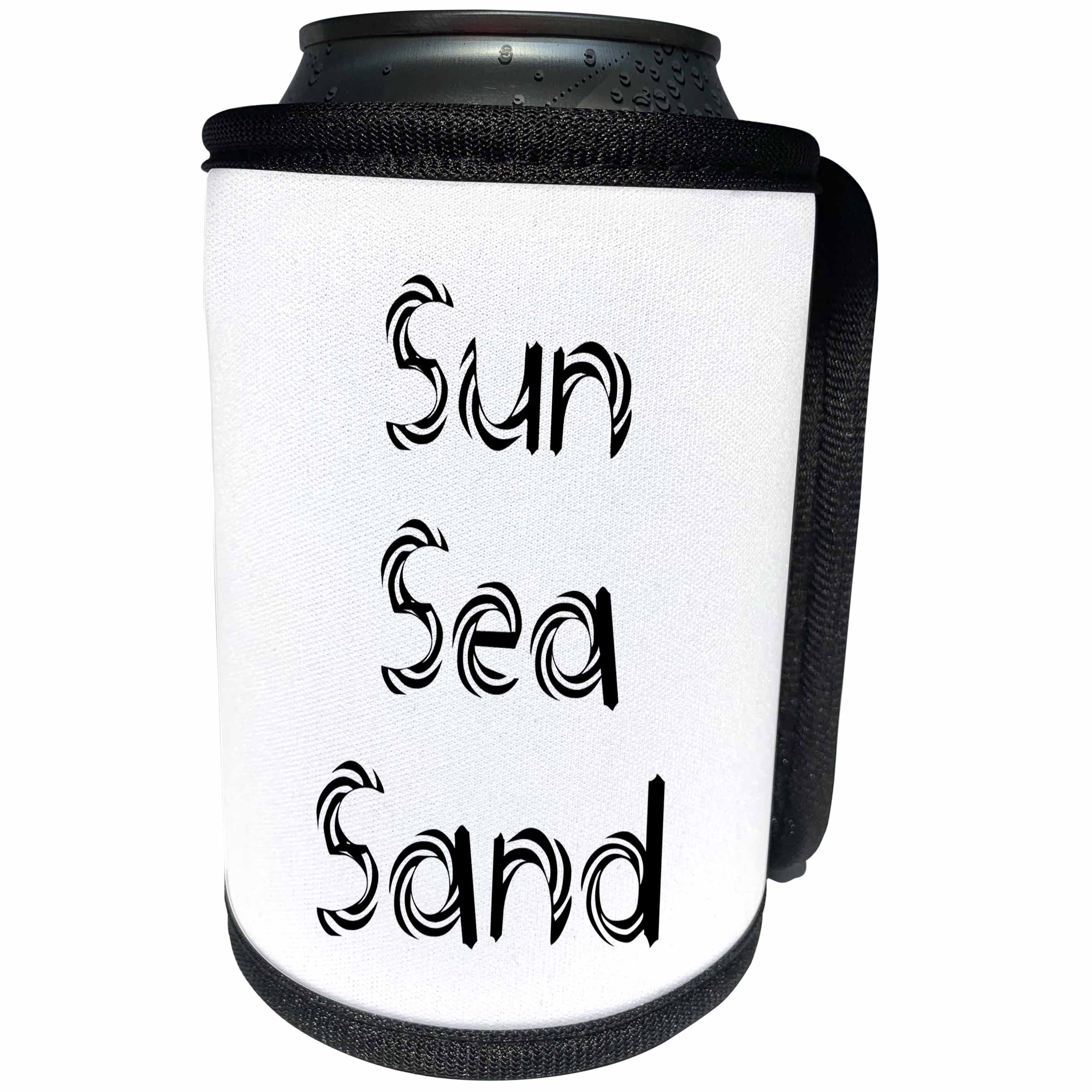 3dRose Alexis Design - Summer - Decorative text Sun, Sea, Sand on white background - Can Cooler Bottle Wrap (cc_286156)