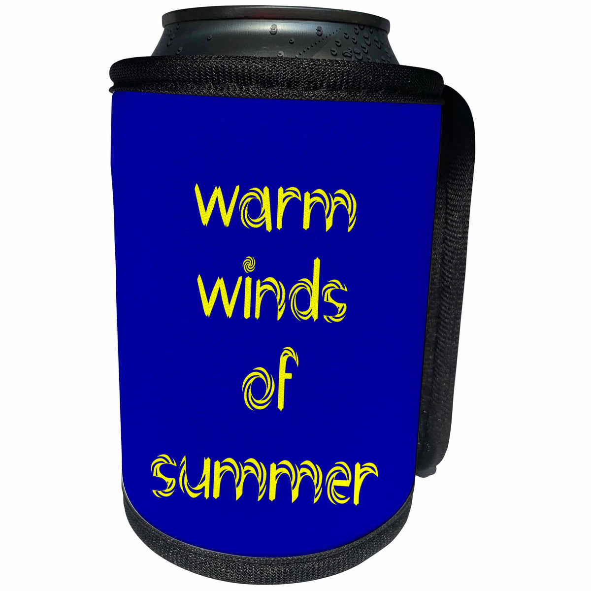3dRose Alexis Design - Summer - Decorative text Warm winds of summer, yellow on blue background - Can Cooler Bottle Wrap (cc_286161)