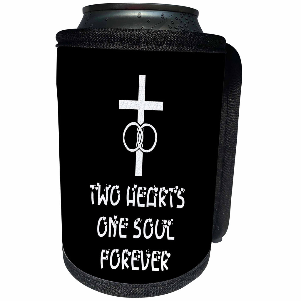 3dRose Alexis Design - Christian - Cross, wedding rings, two hearts one soul forever on black - Can Cooler Bottle Wrap (cc_286172)