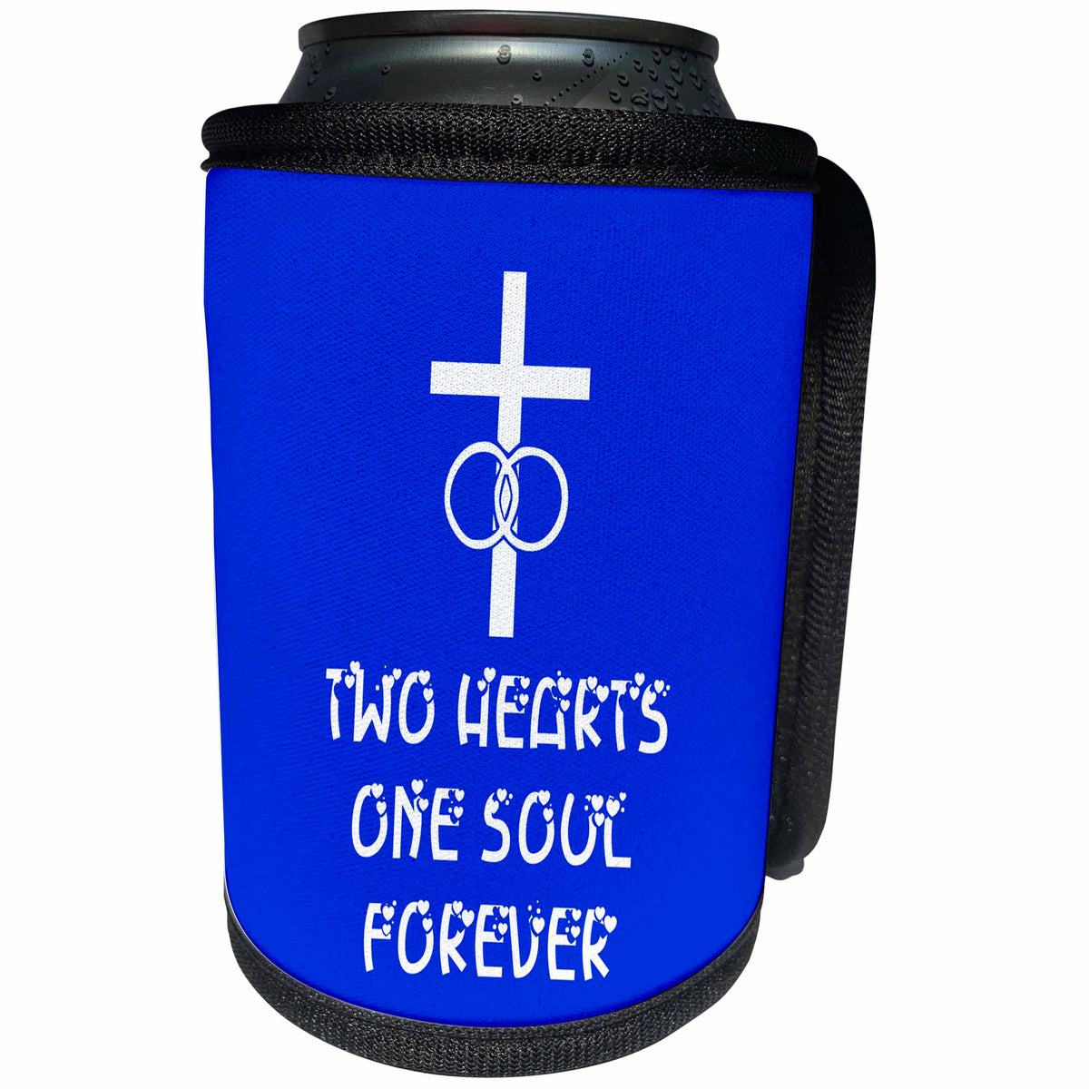 3dRose Alexis Design - Christian - Cross, wedding rings, two hearts one soul forever on blue - Can Cooler Bottle Wrap (cc_286173)