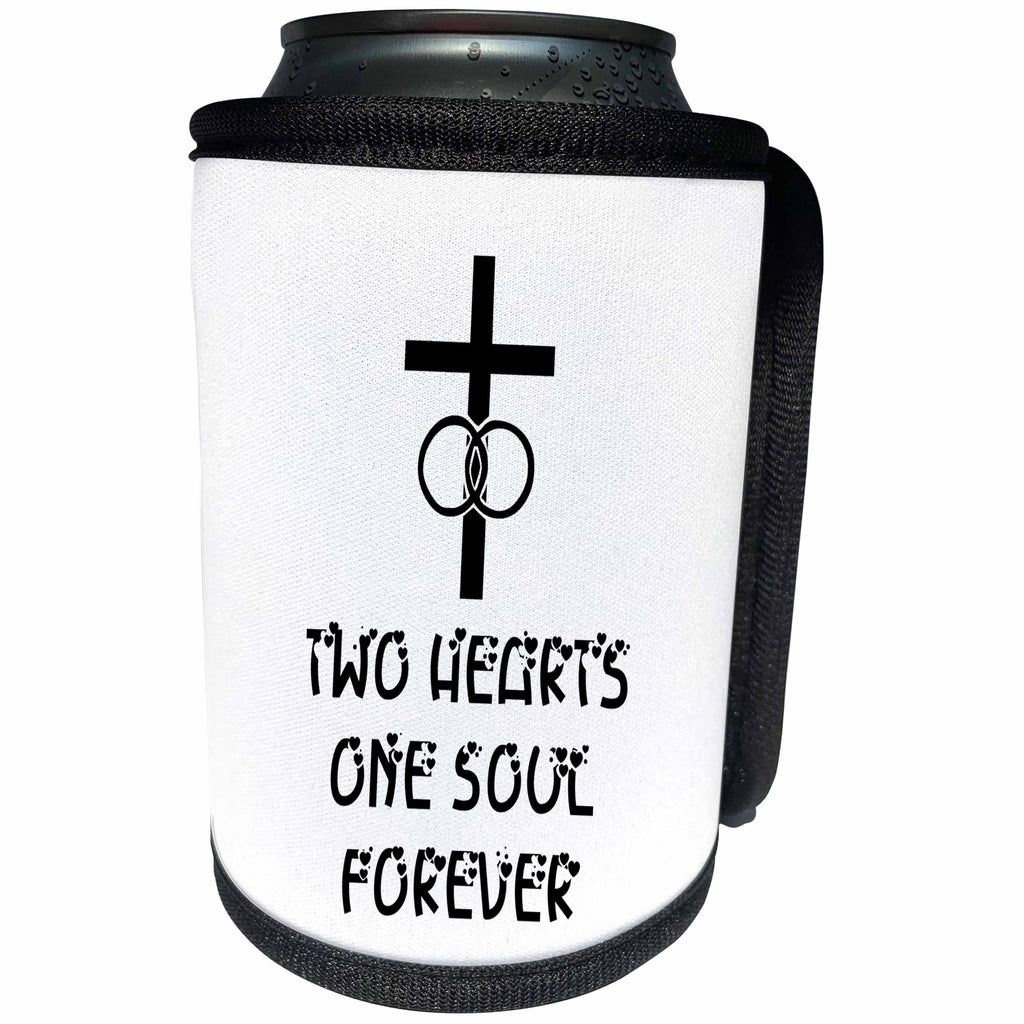 3dRose Alexis Design - Christian - Cross, wedding rings, two hearts one soul forever on white - Can Cooler Bottle Wrap (cc_286174)