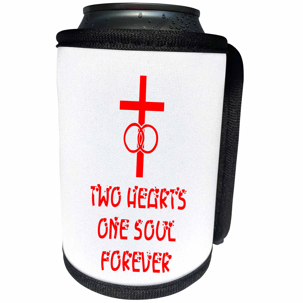 3dRose Alexis Design - Christian - Cross, wedding rings, two hearts one soul forever red on white - Can Cooler Bottle Wrap (cc_286175)