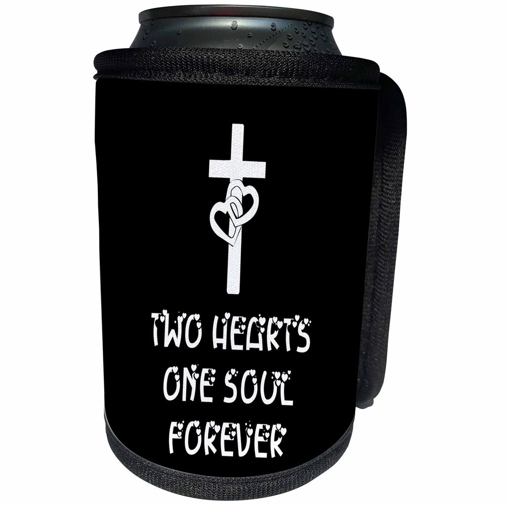 3dRose Alexis Design - Christian - Cross, two hearts on the cross, Two hearts one soul forever on black - Can Cooler Bottle Wrap (cc_286176)